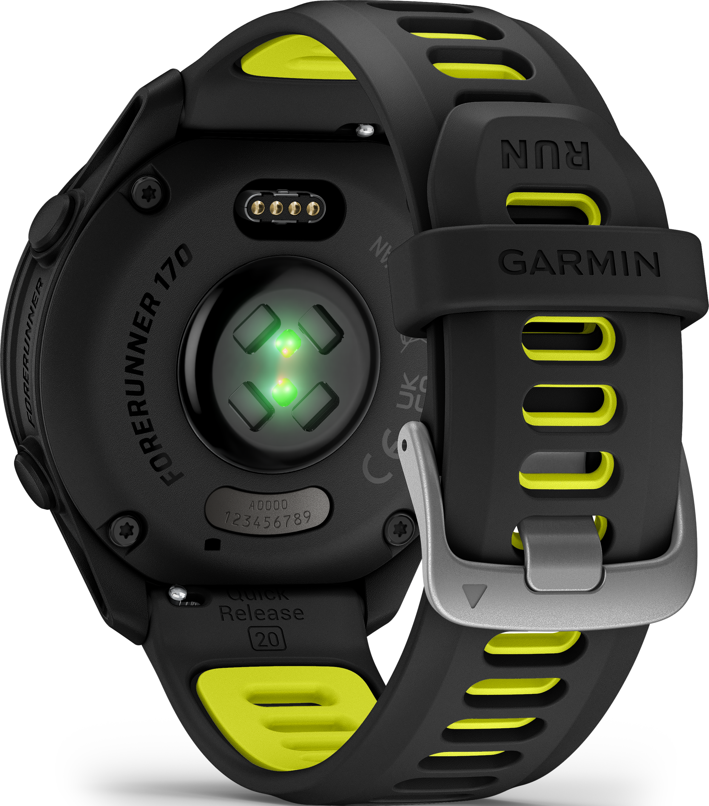 Arrière d'une montre connectée Garmin Forerunner 170 noire avec accents jaunes.