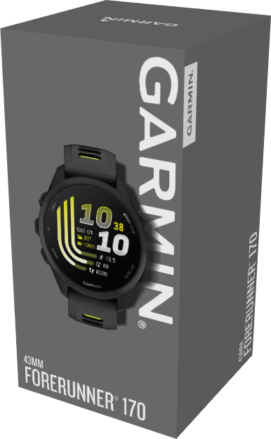 Boîte de montre Garmin Forerunner 170 avec cadran affichant l'heure, la date et les statistiques d'activité.