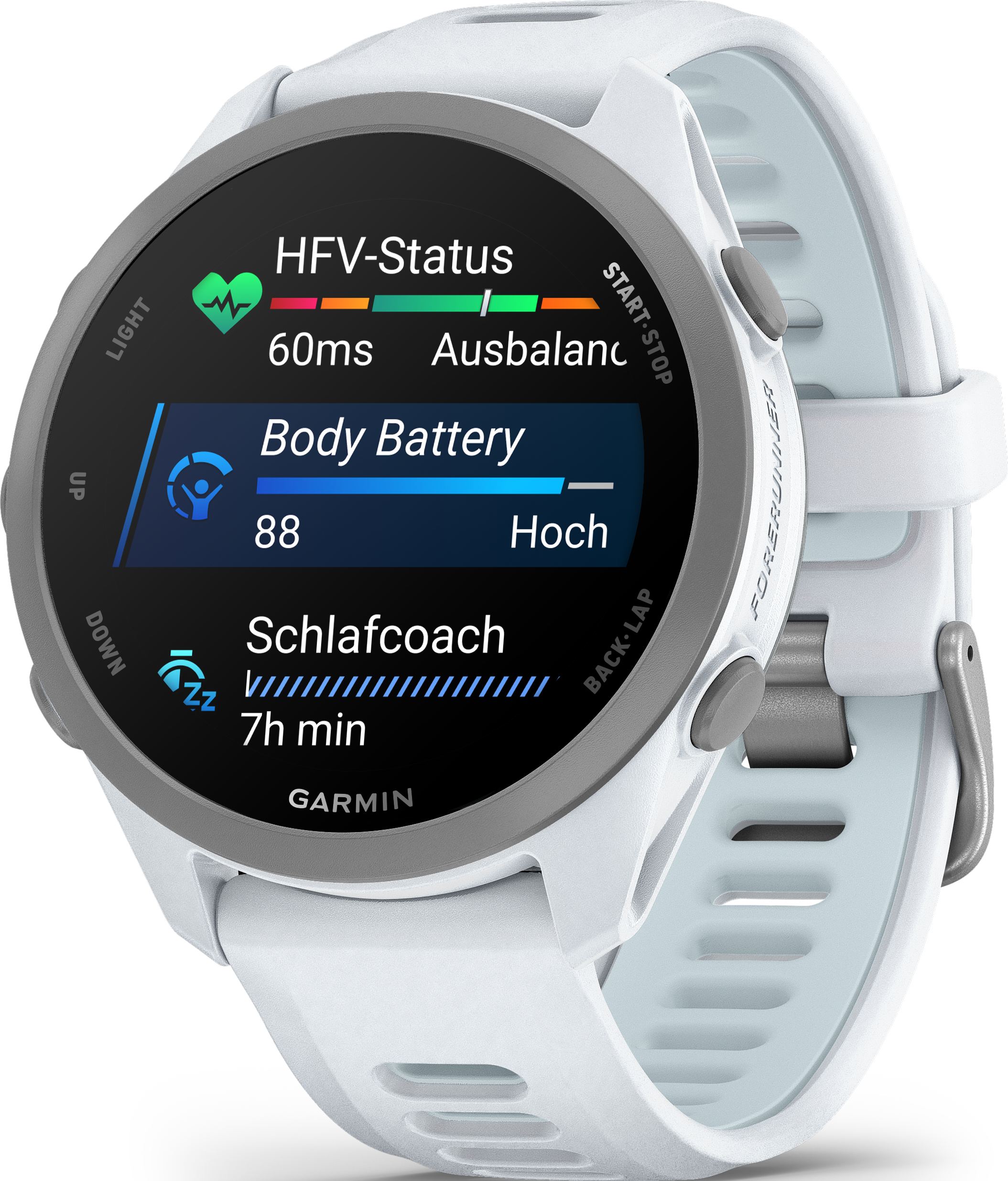 Montre connectée blanche affichant la fréquence cardiaque, la batterie corporelle et le statut de coach de sommeil.