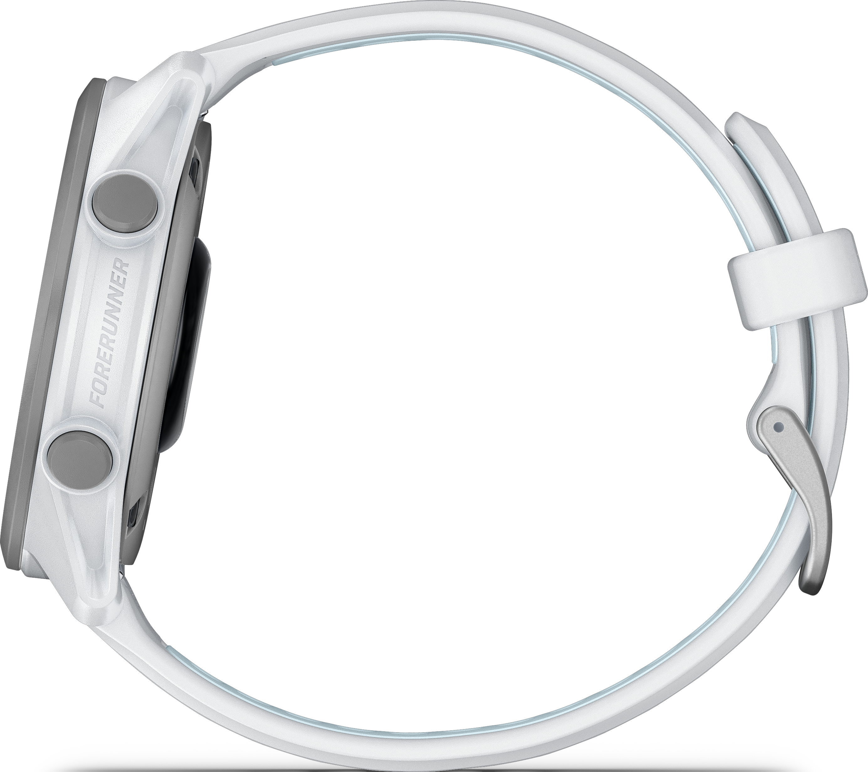 Montre connectée blanche avec boutons gris et inscription « Forerunner ».