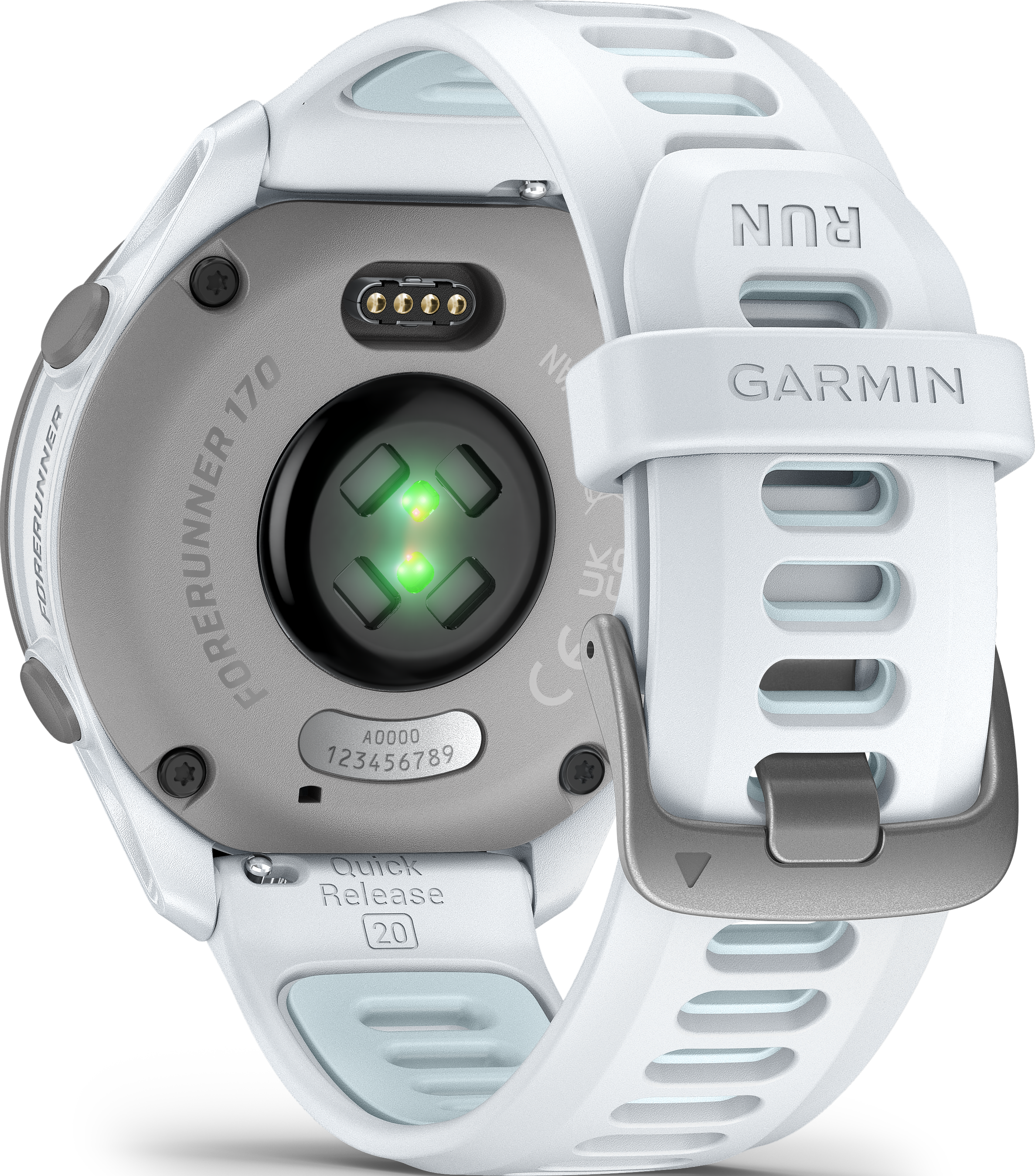 Dos de montre Garmin Forerunner 170 blanc avec capteur de fréquence cardiaque et pins.