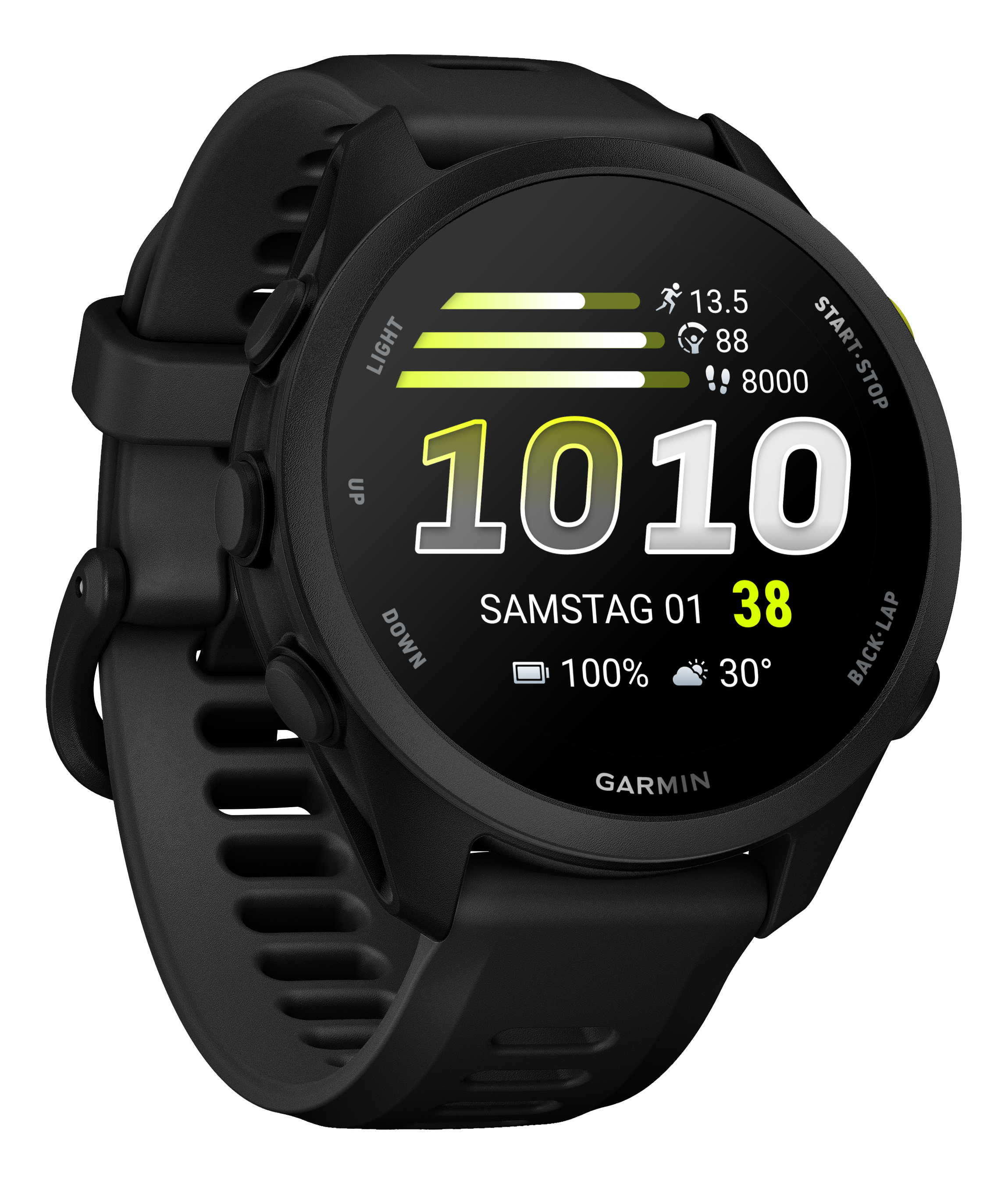 Schwarze Smartwatch mit detailliertem Display, das Uhrzeit, Datum, 100% Akku und 30° anzeigt.