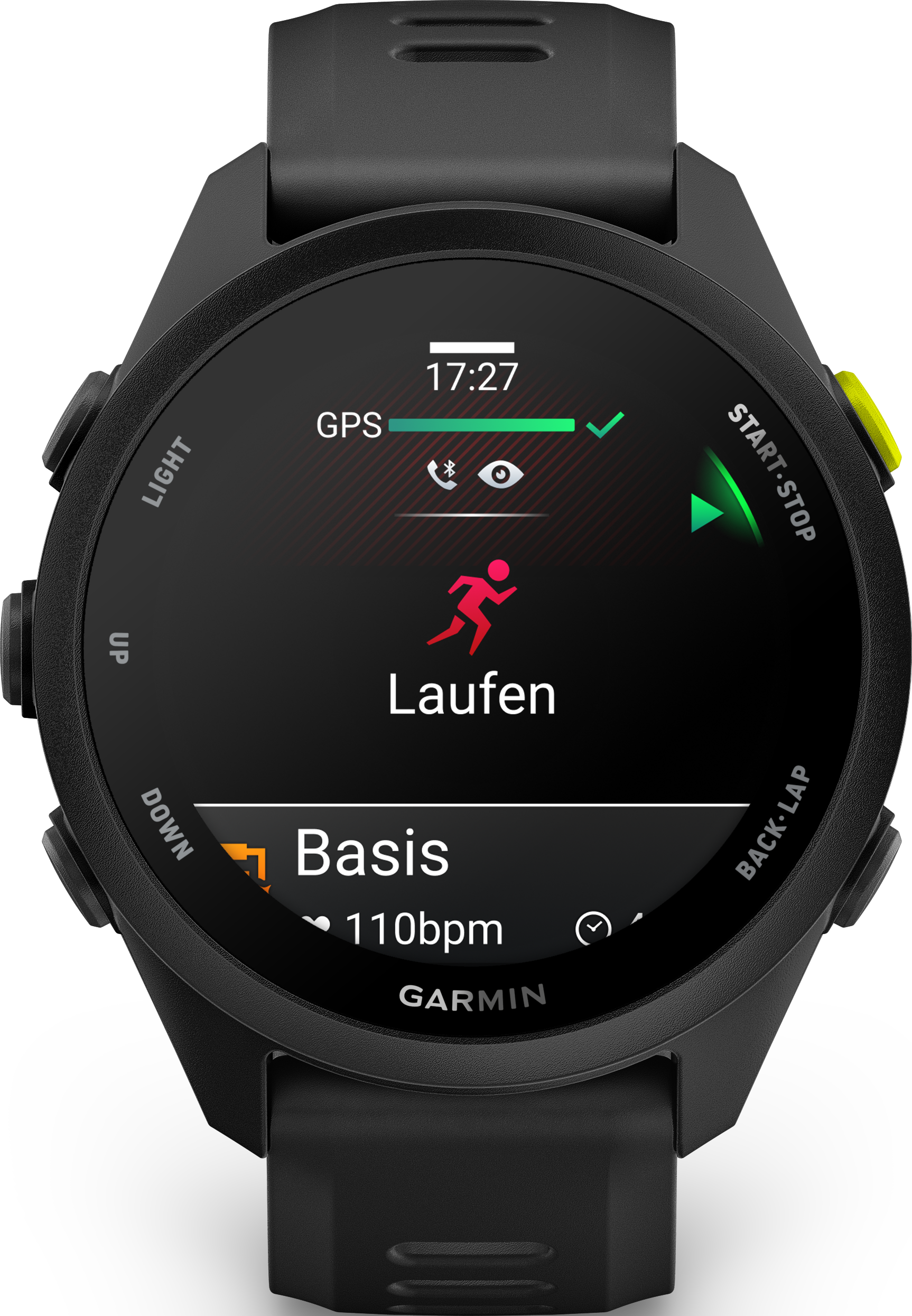 Schwarze Garmin Uhr zeigt 17:27, GPS aktiv, Lauf-Symbol, 110 Schläge/Min.