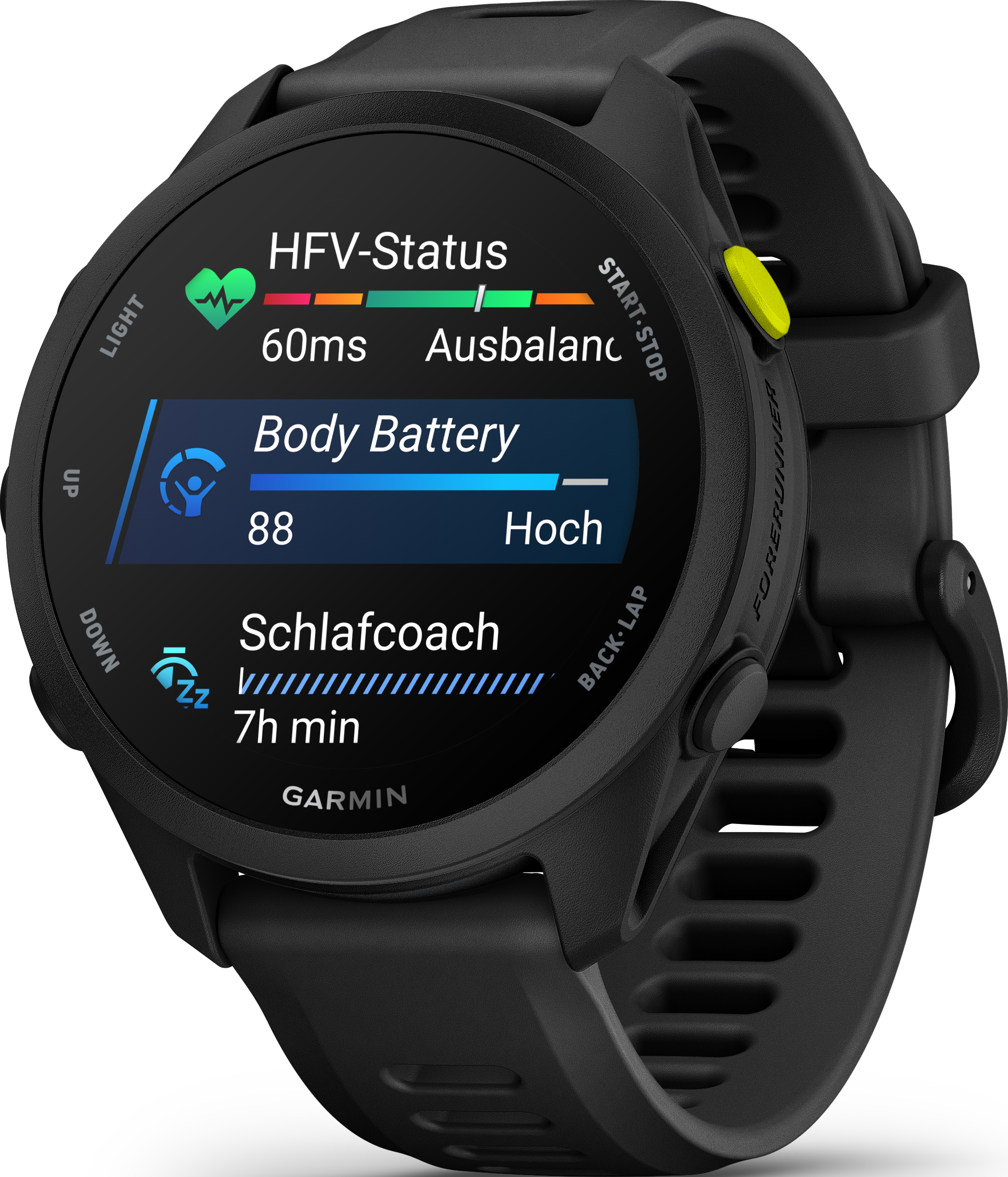 Schwarze Garmin Forerunner Uhr mit Herzfrequenz-, Körperbatterie- und Schlafcoach-Anzeige.