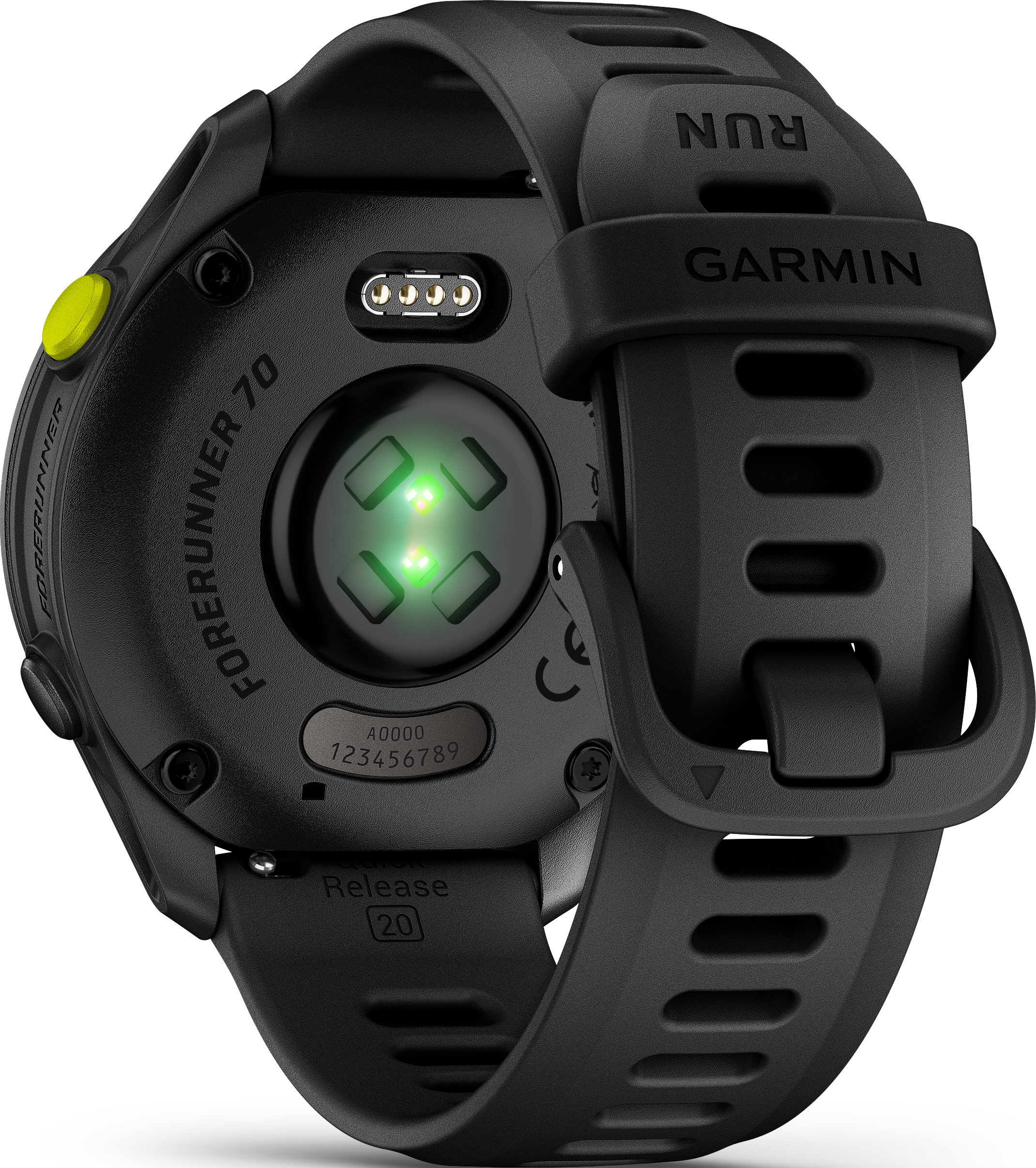 Schwarze Garmin Forerunner 70 mit grünem Herzfrequenzsensor und Ladekontakten.