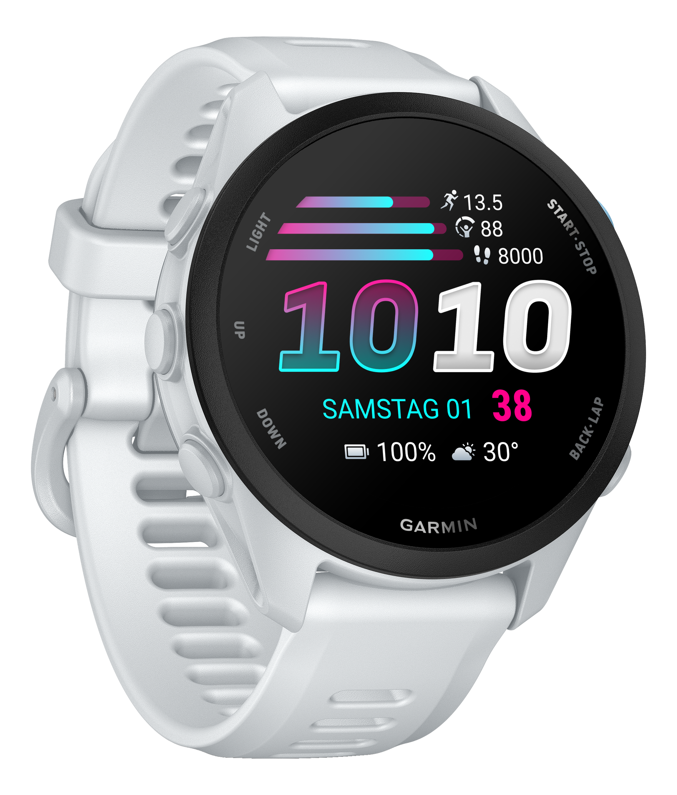 Weiße Garmin-Uhr mit 1010 Schritten, 13,5 Meilen, 88 Schlägen, 8000 Schritten, 100 % Akku, 30°C.
