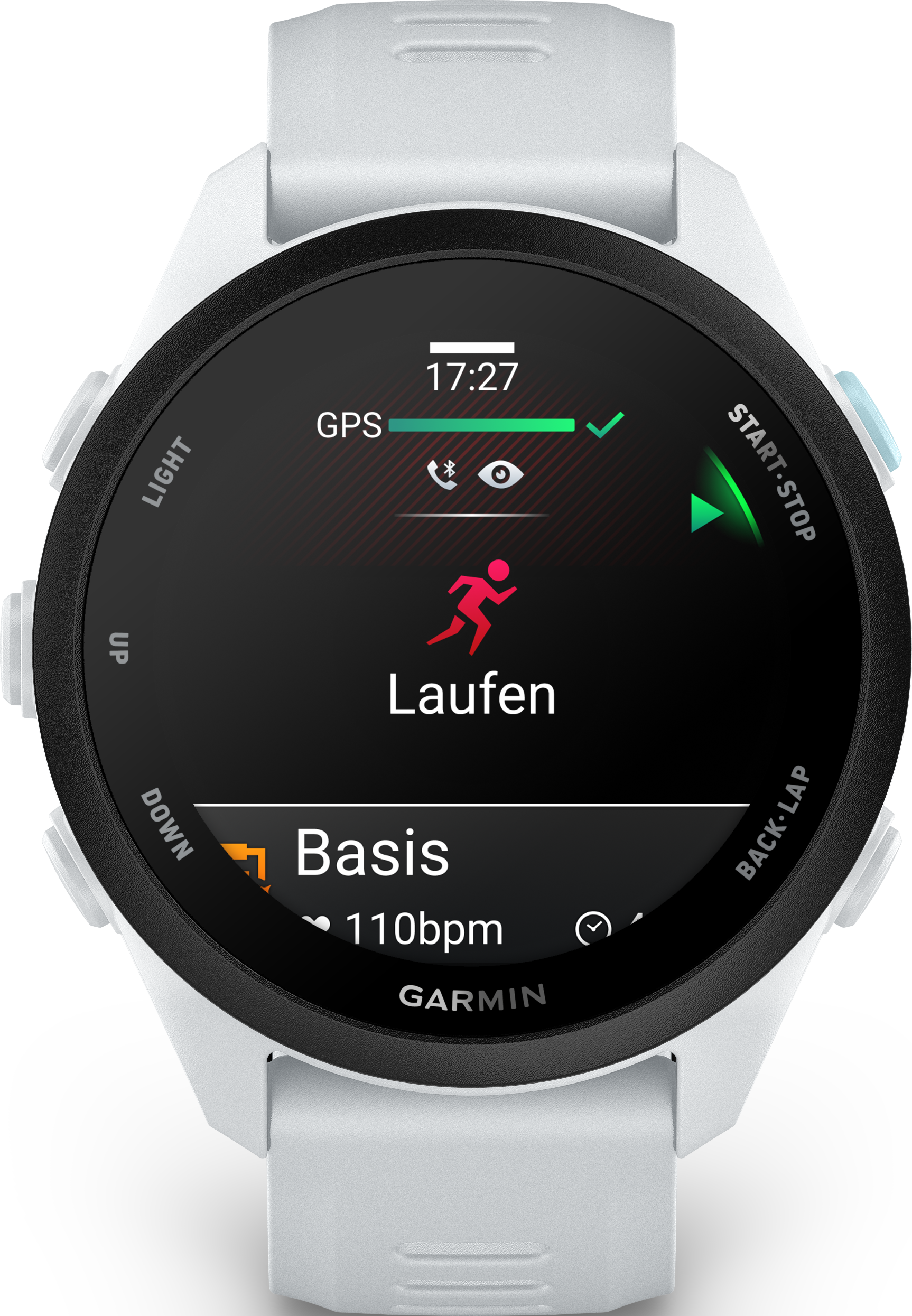 Weiße Smartwatch mit schwarzem Zifferblatt. Zeigt 17:27 Uhr, GPS, Laufen, Basis, 110 bpm.