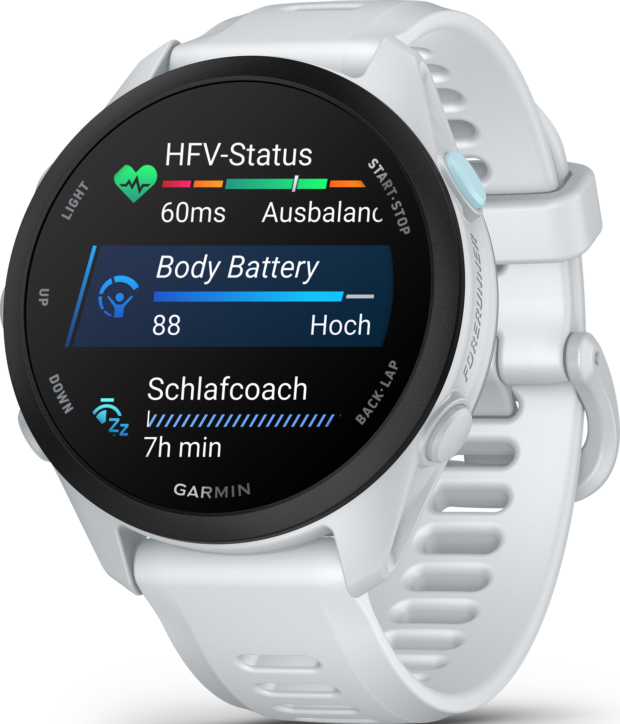 Weiße Smartwatch mit dunklem Display, zeigt HFV-Status, Body Battery und Schlafcoach.