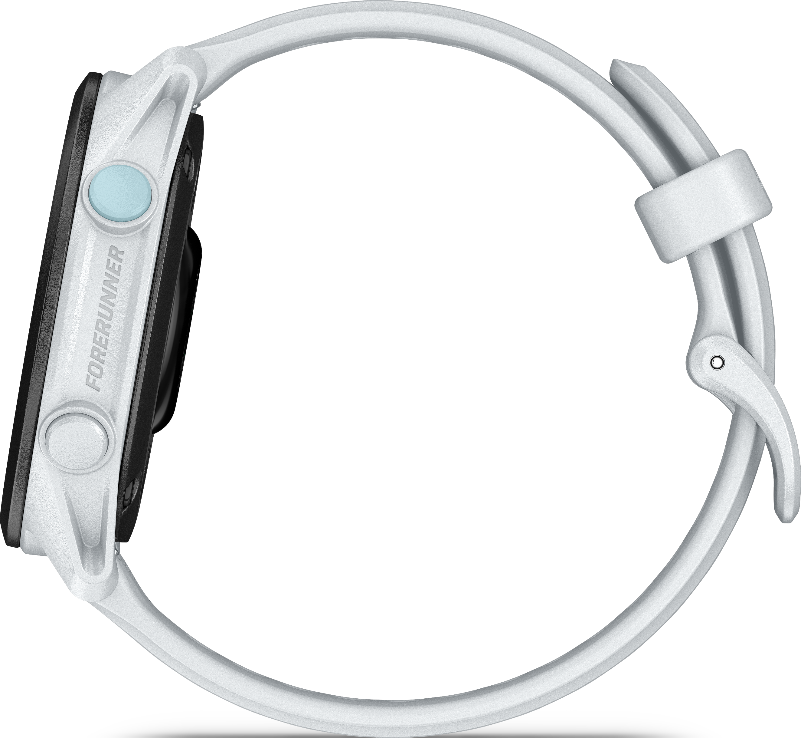 Weiße Smartwatch mit blauem Knopf und 'Forerunner'-Schriftzug auf schwarzem Hintergrund.
