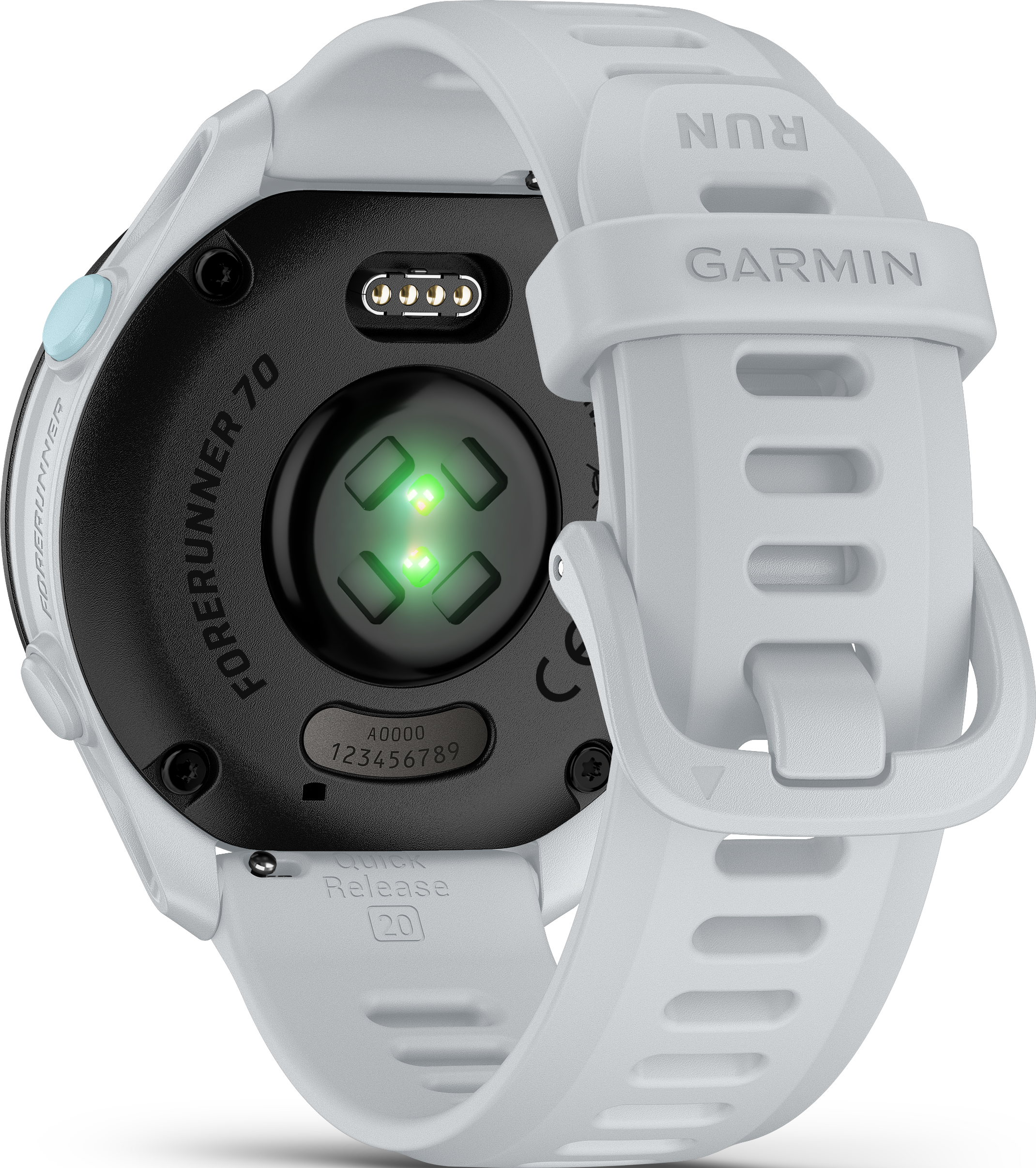 Rückseite einer weißen Garmin Forerunner 70 Smartwatch mit Herzfrequenzsensor und Ladekontakten.