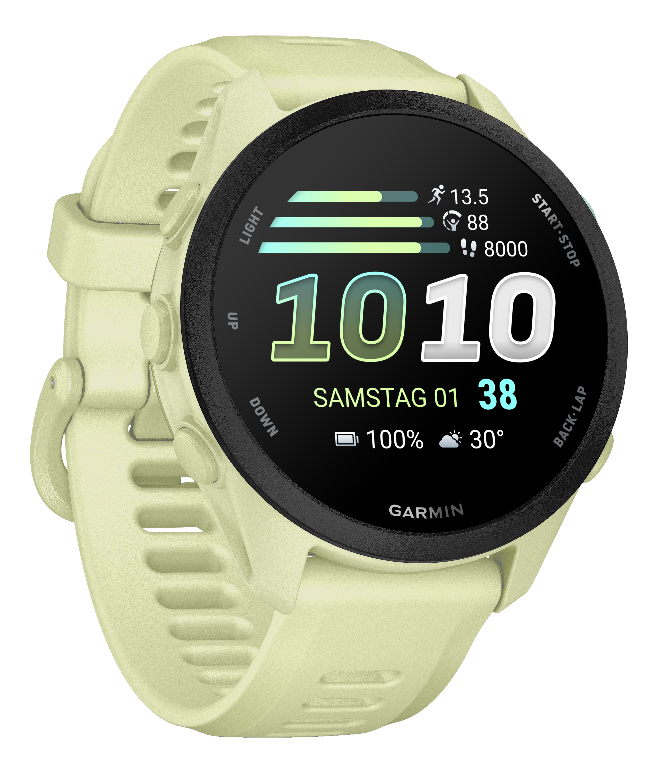 Eine hellgelbe Smartwatch mit schwarzem Display, das Daten anzeigt.