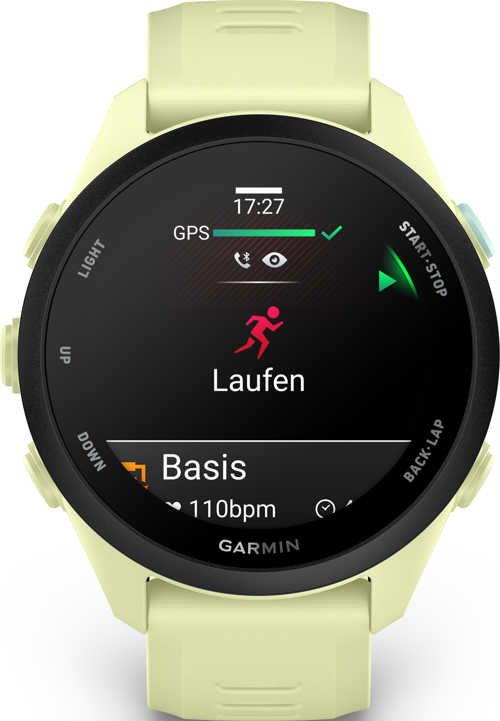 Ein hellgelbes Garmin-Sportwatch-Display zeigt 17:27 Uhr, GPS-Status und Laufen-Aktivität.