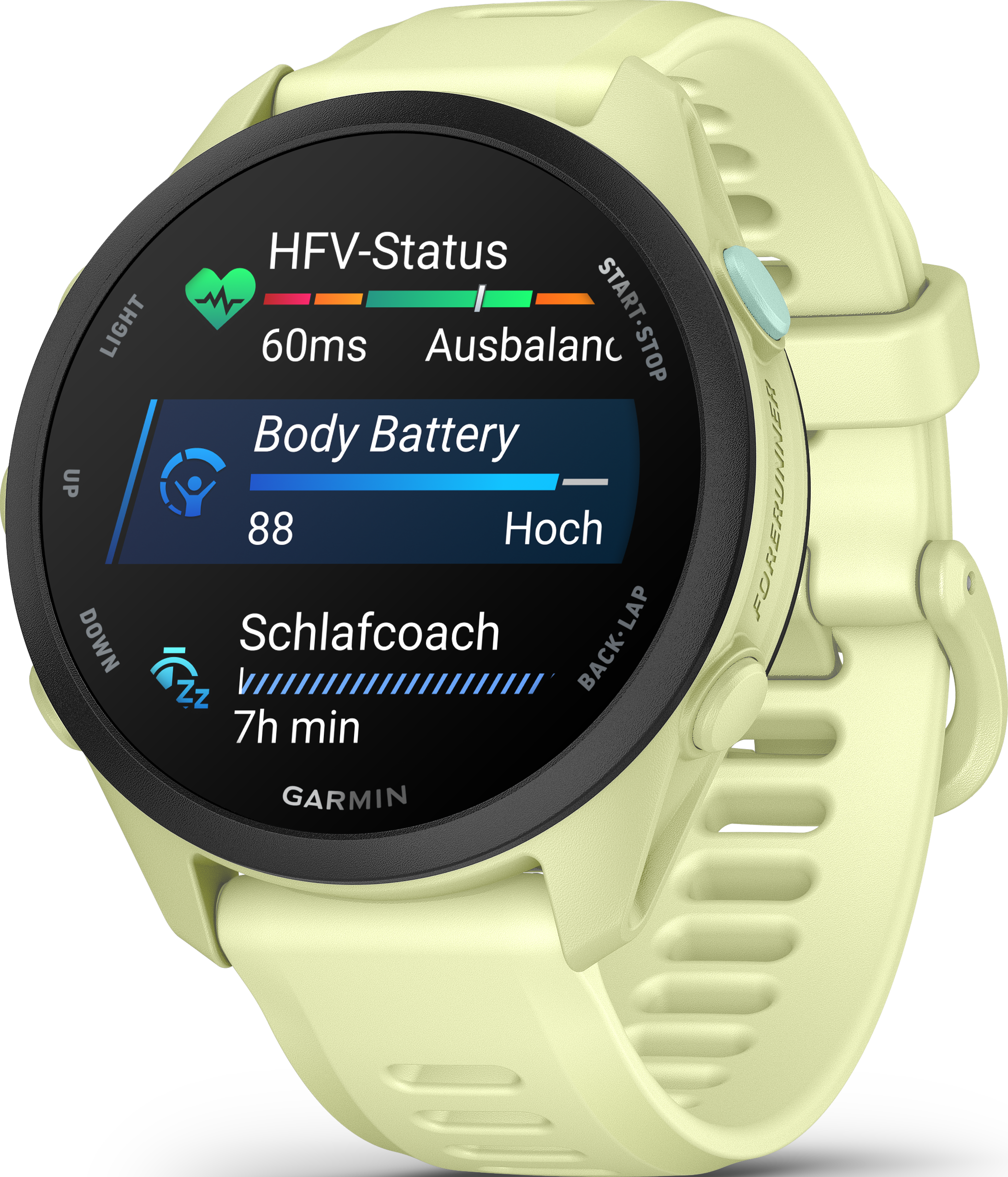 Ein hellgelbes Garmin Forerunner Smartwatch mit Gesundheitsdaten auf dem Display.