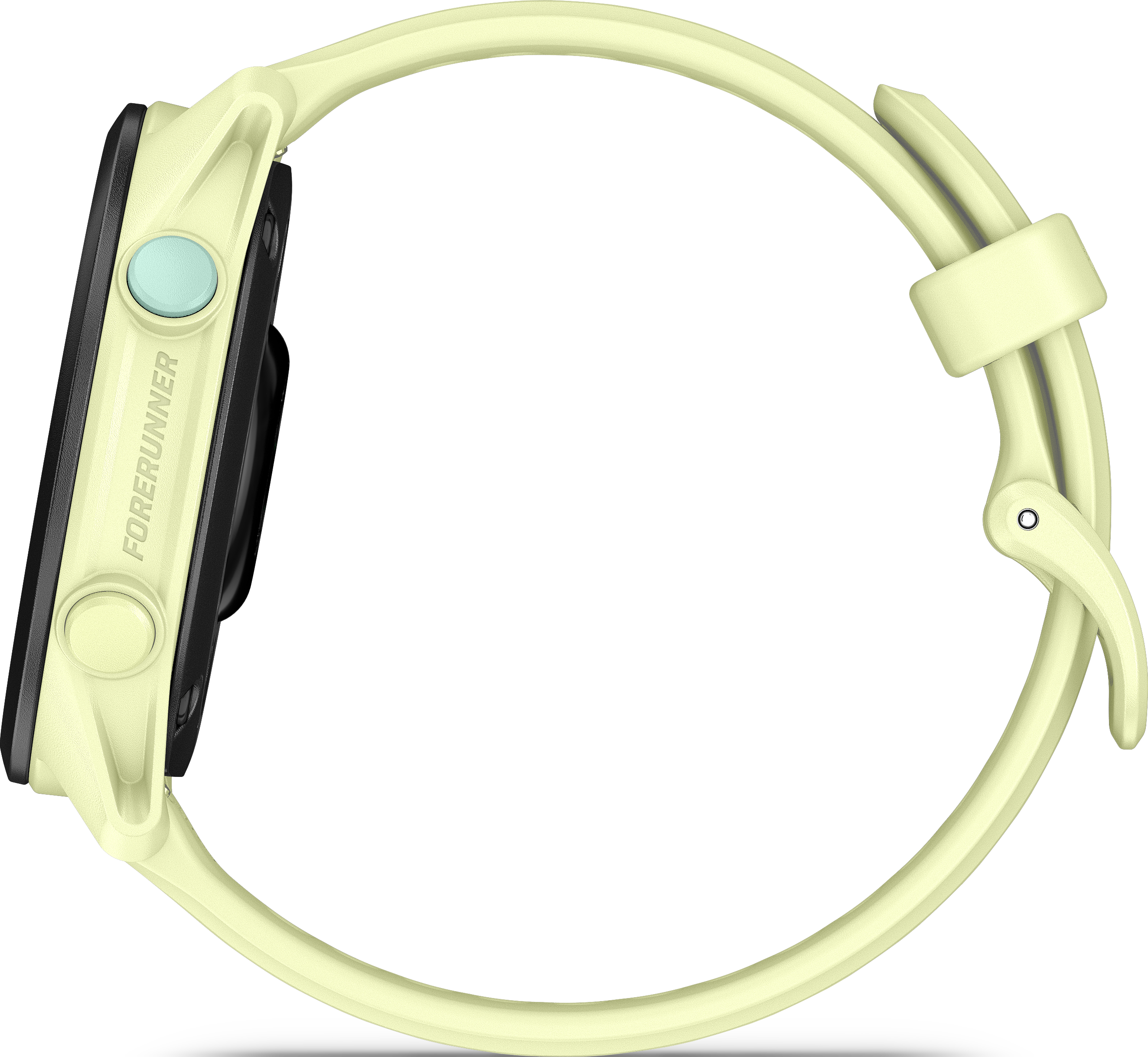 Eine leichte gelbe Smartwatch mit einem mintgrünen Knopf und dem Schriftzug "Forerunner".
