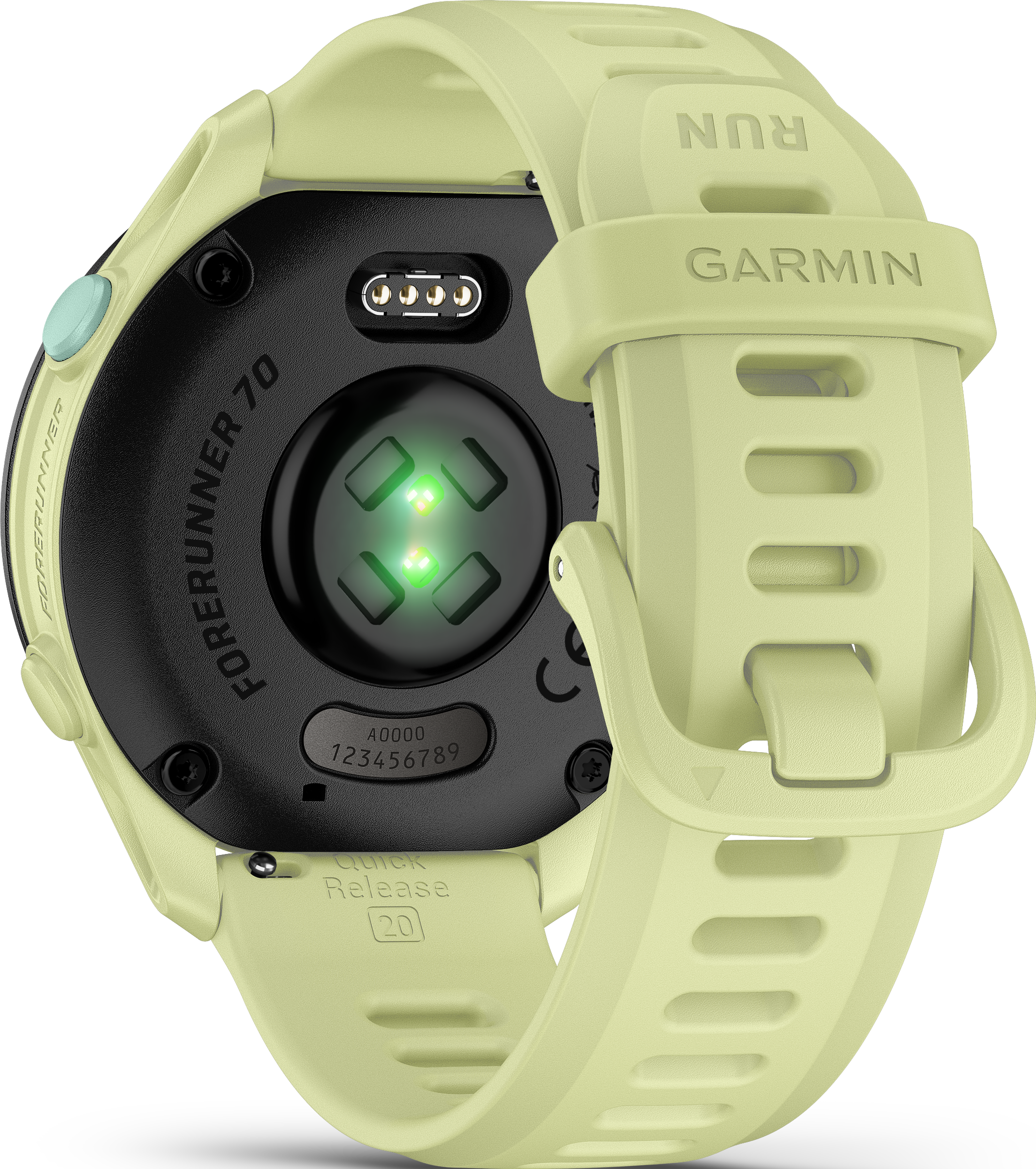 Rückseite einer hellgrünen Garmin Forerunner 70 Smartwatch mit Herzfrequenzsensor.