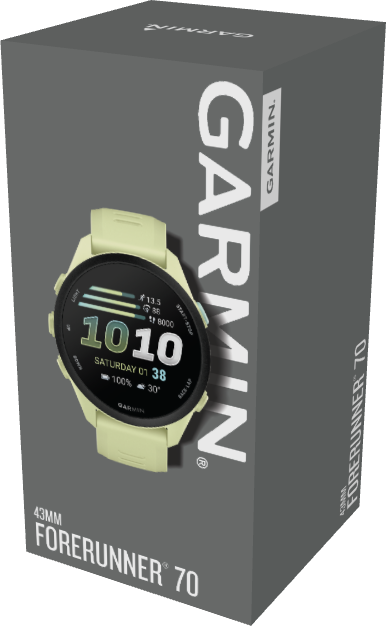 Eine gelbe Garmin Forerunner 70-Verpackung mit einer Uhr darauf.