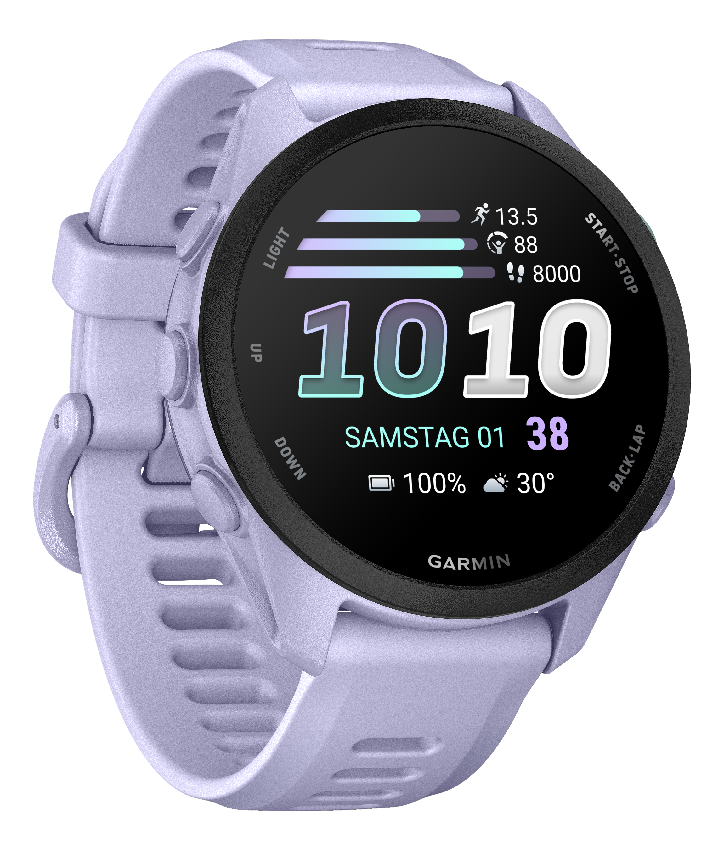 Ein lila Garmin Smartwatch mit laufenden Daten auf dem Zifferblatt.
