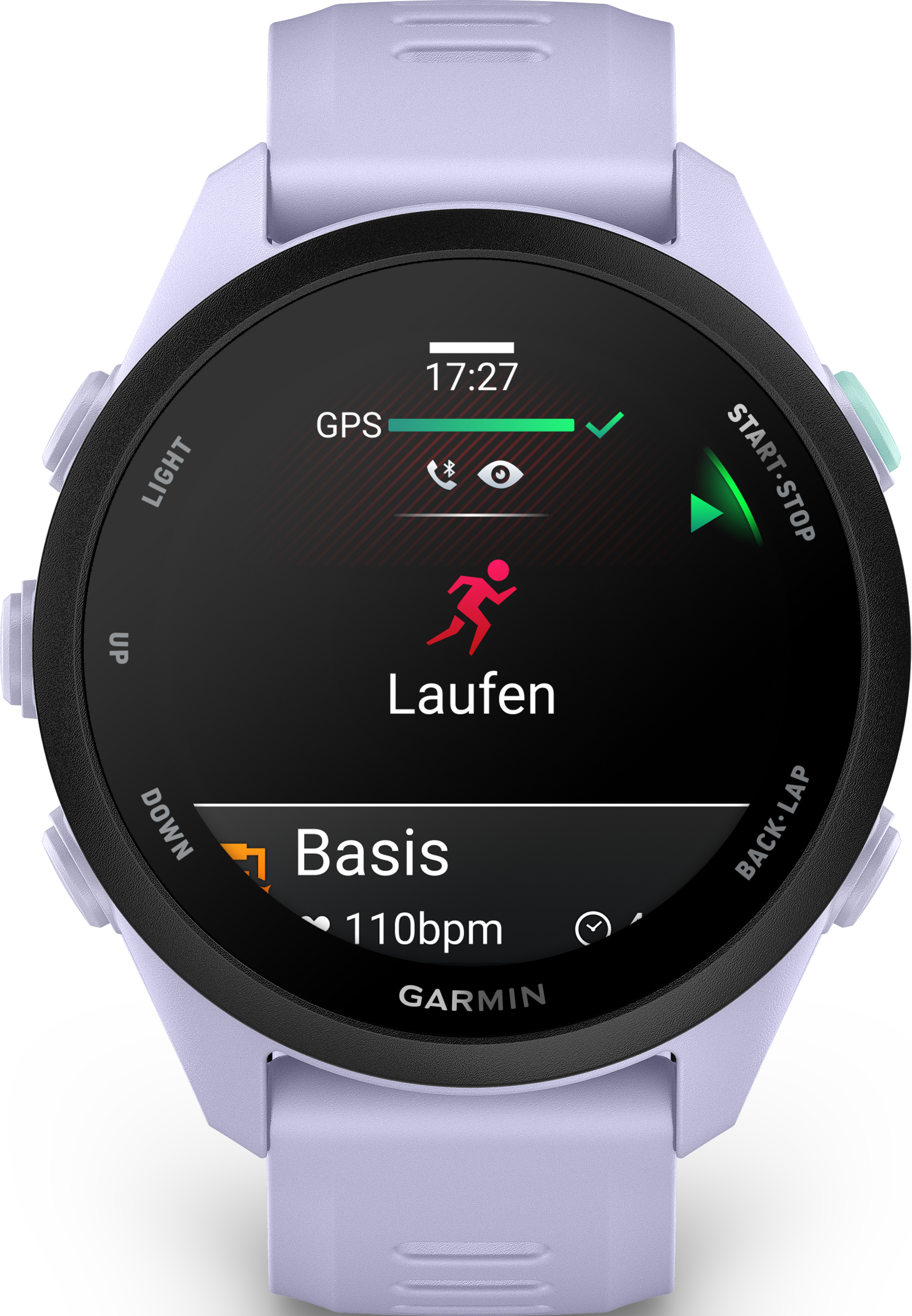 Eine lila Garmin-Smartwatch zeigt die Laufzeit 17:27, GPS und Herzfrequenz an.