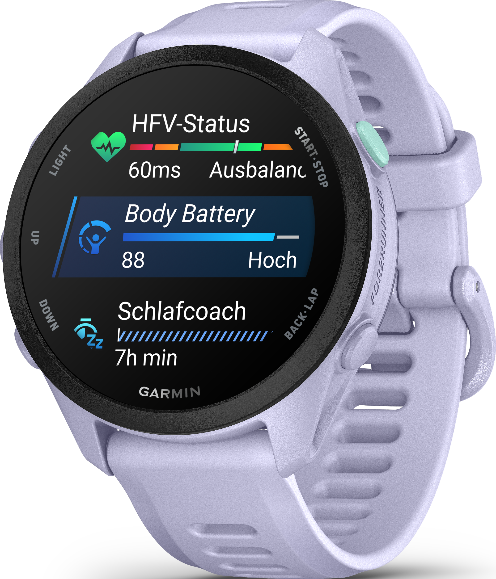 Eine lila Smartwatch zeigt HFV-Status, Körperbatterie und Schlafcoach an.