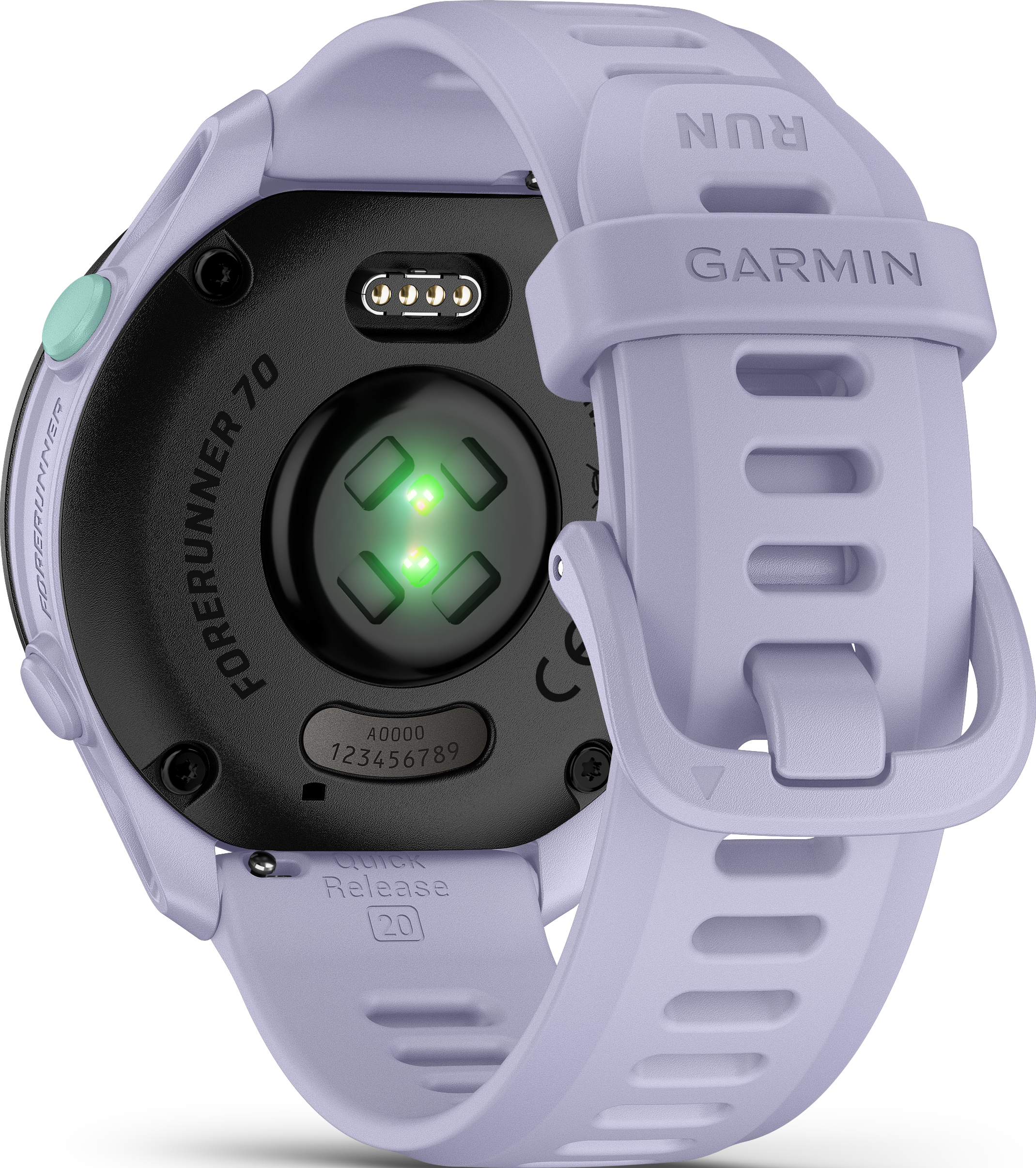 Rückseite einer hellvioletten Garmin Forerunner 70 Smartwatch mit Herzfrequenzsensor.
