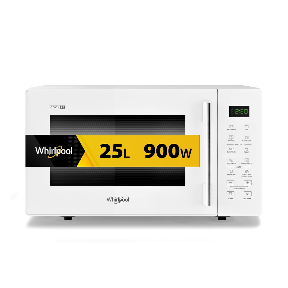 Microondas Whirlpool blanca con pantalla digital y panel de control. 25L 900W.
