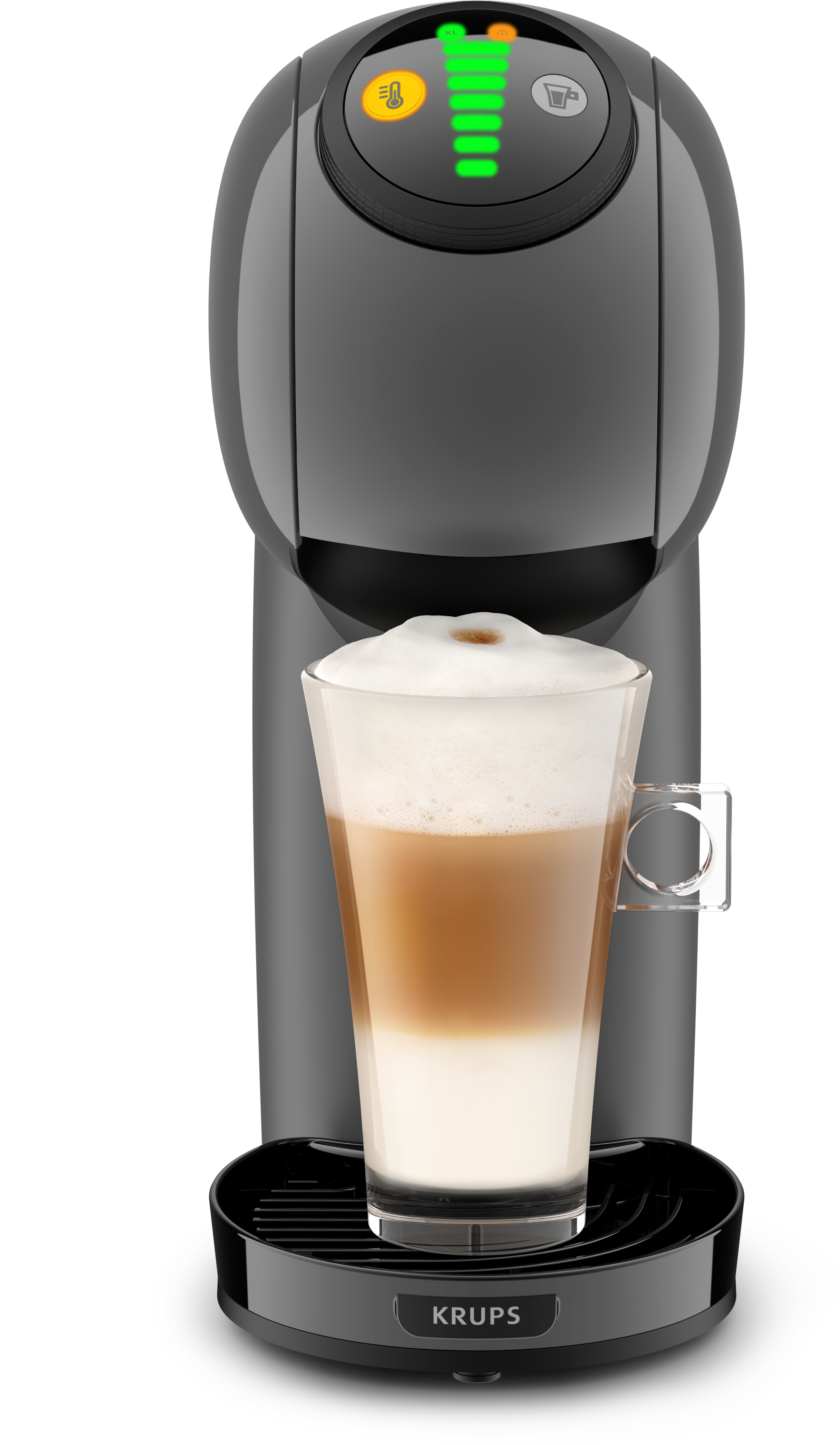 Egy fekete kávéfőző egy pohár latte macchiatóval.