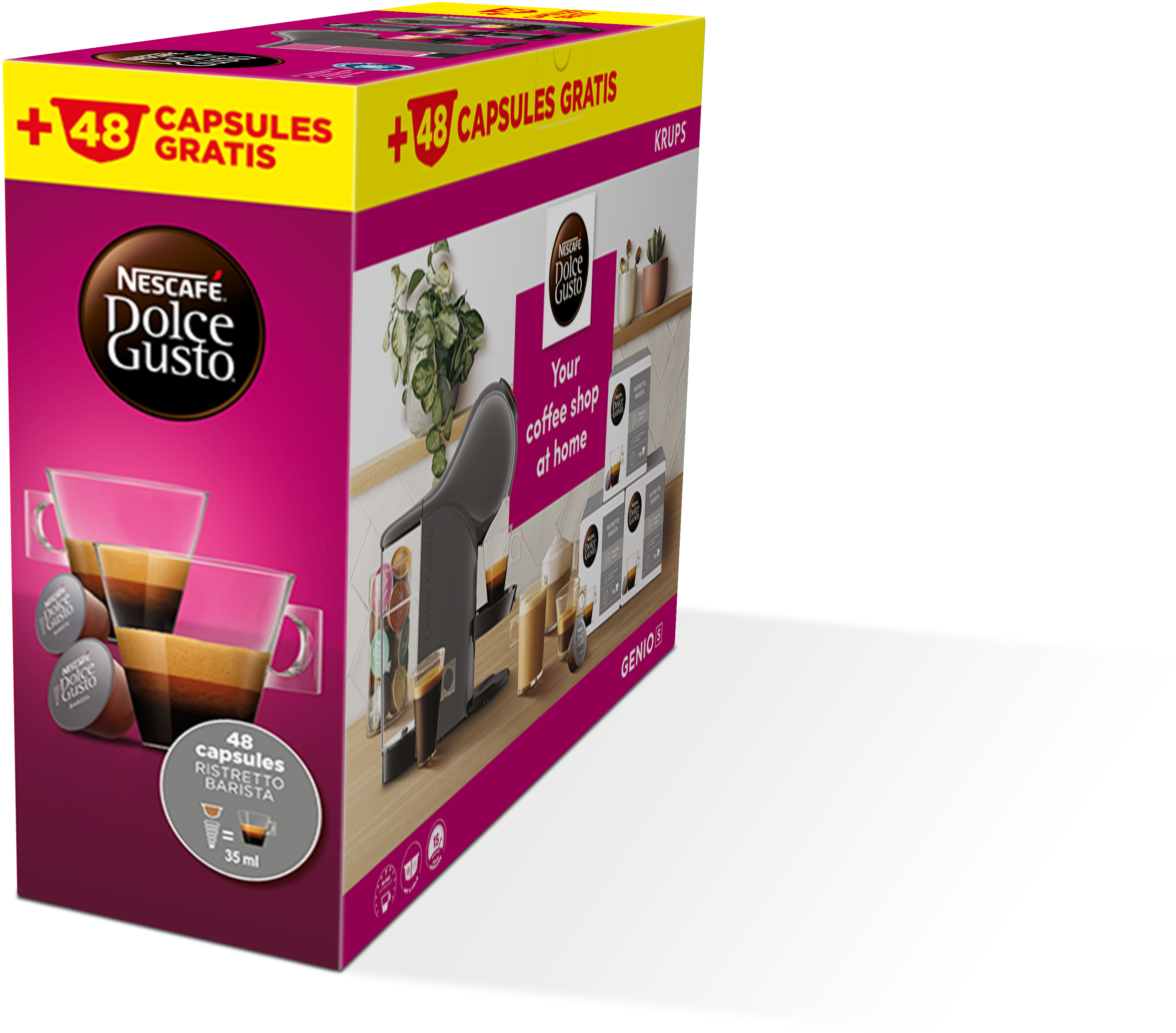 Doboz Nescafé Dolce Gusto kapszulákkal és kávéfőzővel.