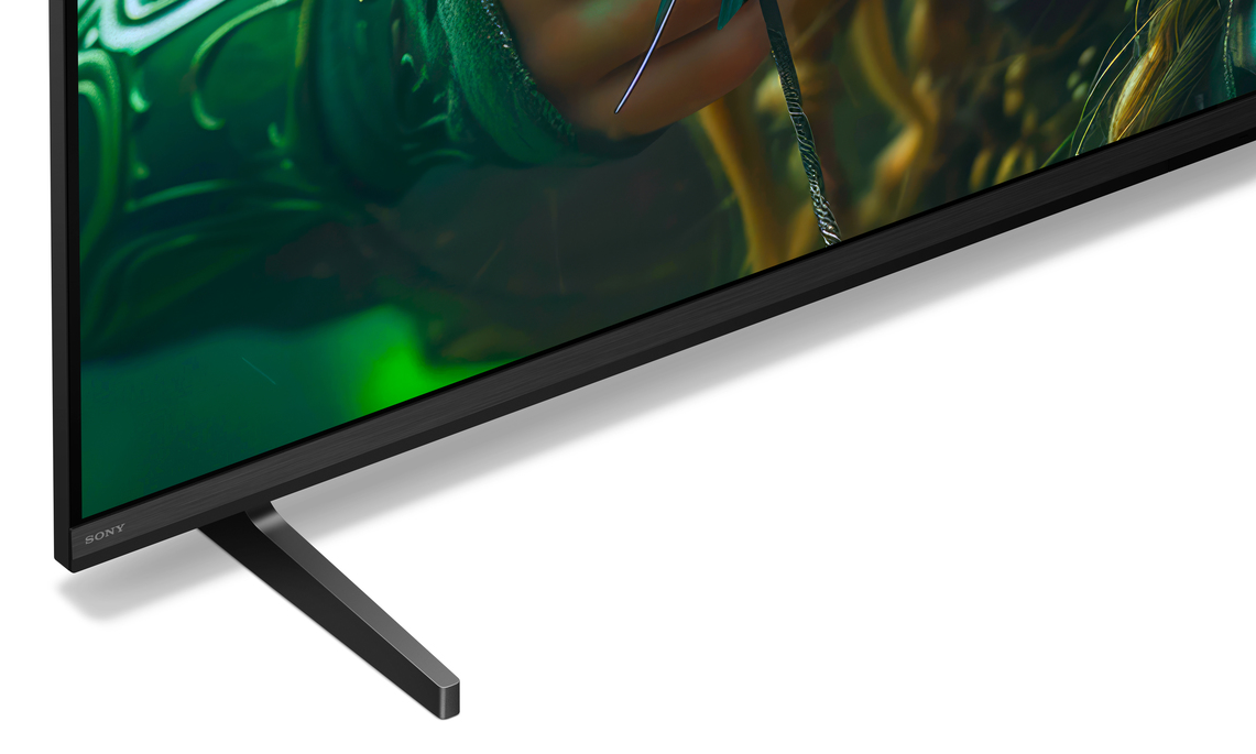Zbliżenie telewizora Sony z elegancką czarną ramką i podstawką.