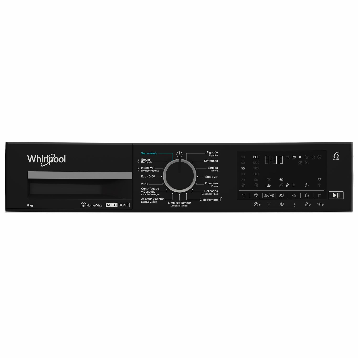 Panel de control de lavadora Whirlpool con selección de programas y pantalla digital.