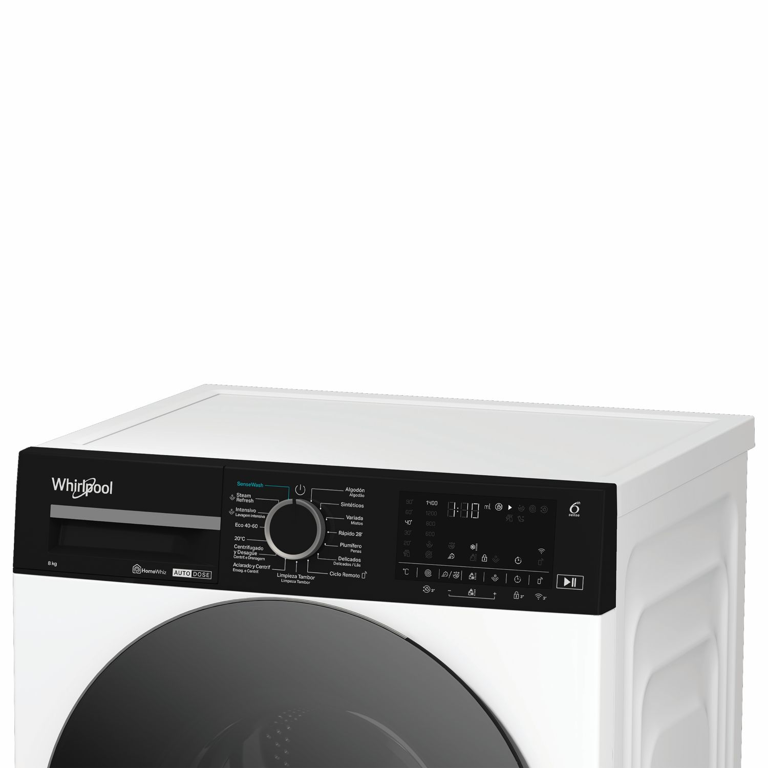 Una lavadora Whirlpool blanca con panel de control negro y pantalla digital.