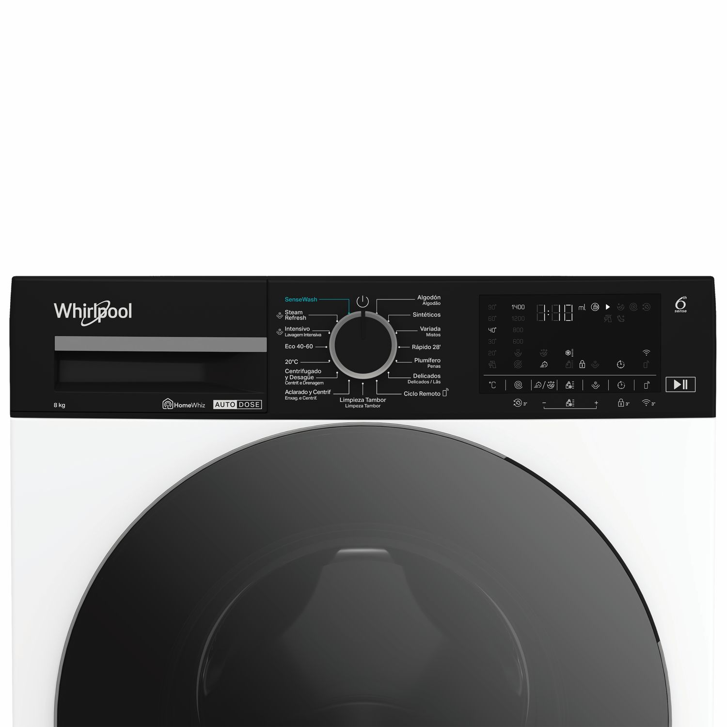 Panel de control de una lavadora Whirlpool blanca con selección de programas y pantalla digital.