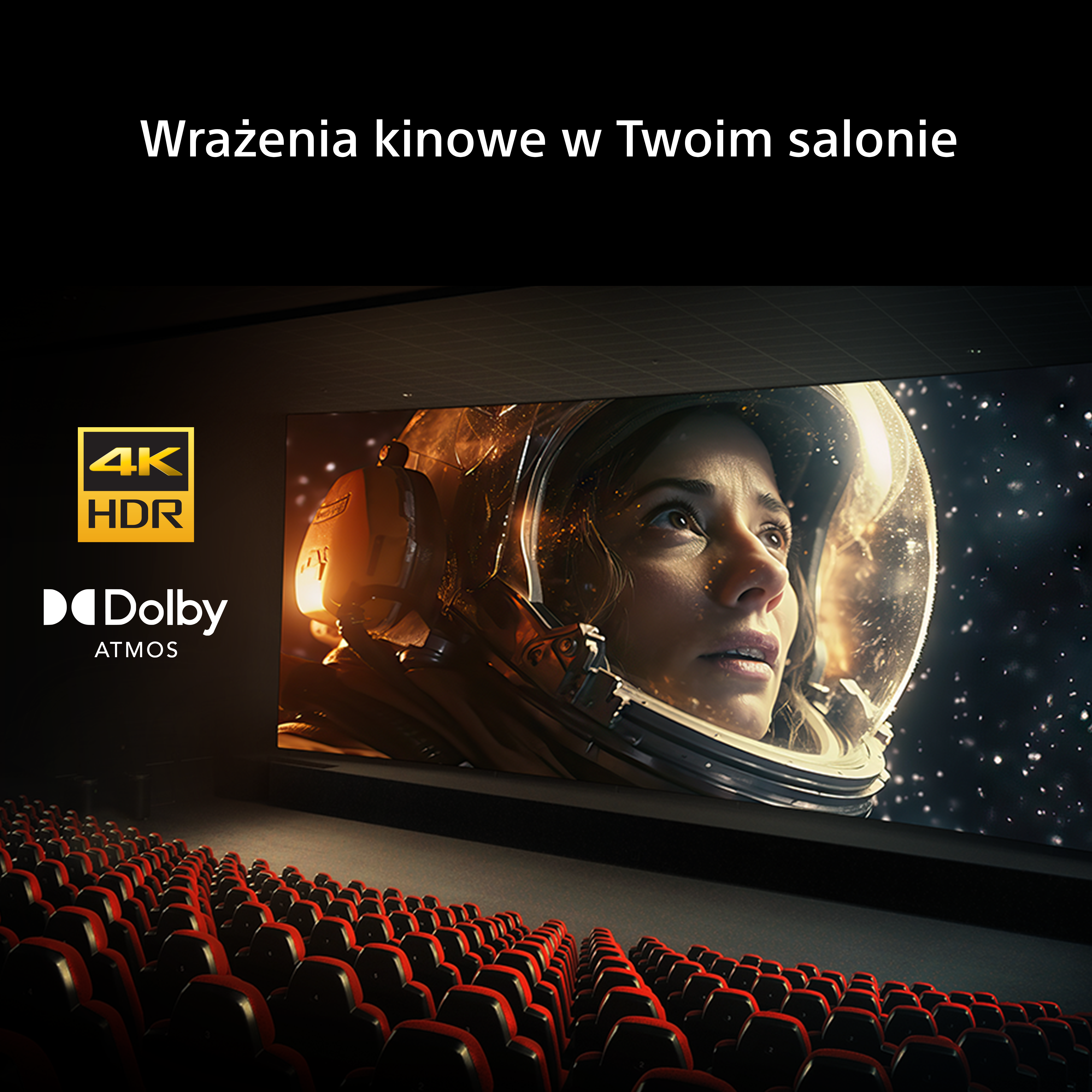 Fotele kinowe przed ekranem 4K HDR Dolby Atmos z astronautką.