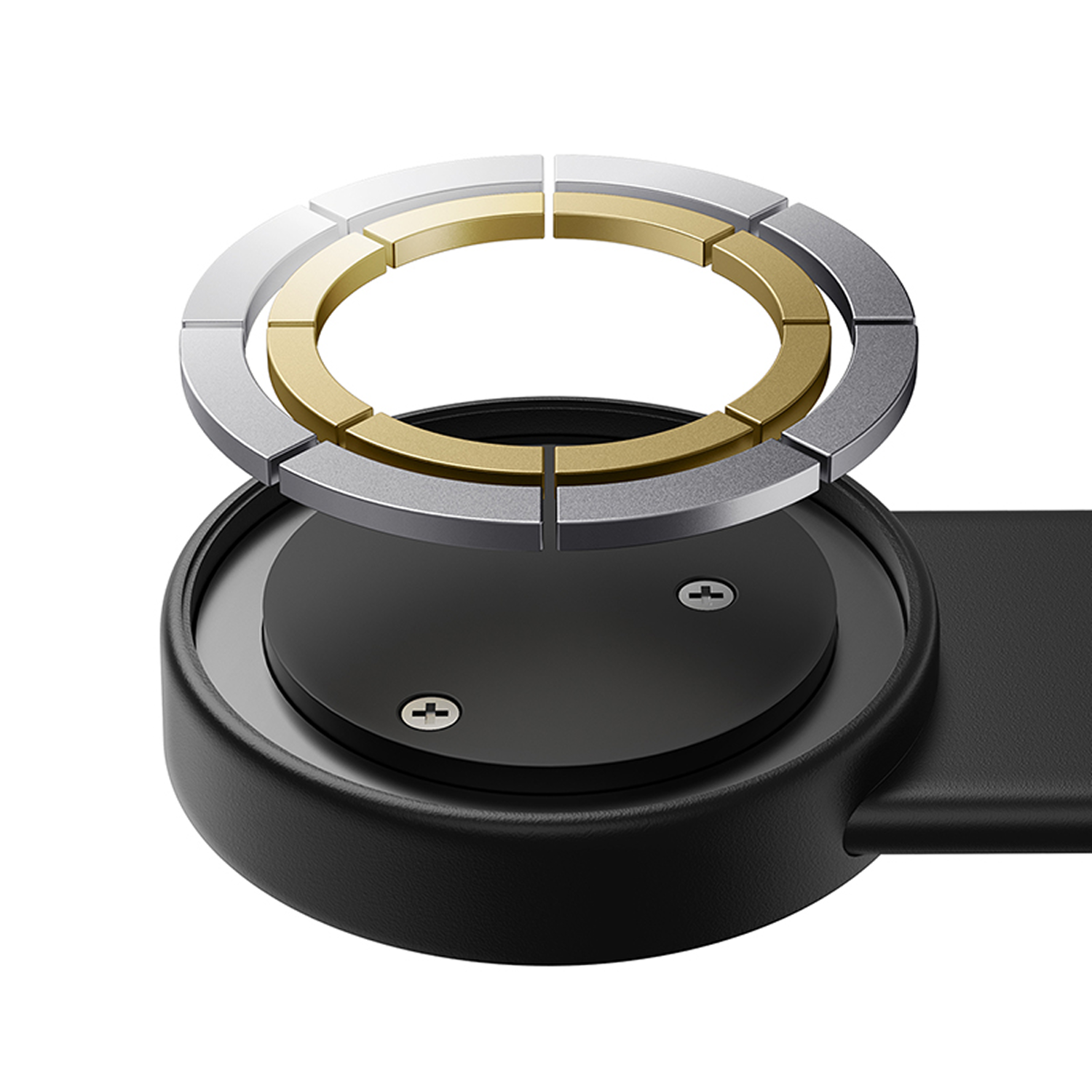 Anillo de segmentos dorados y plateados sobre base negra con tornillos.