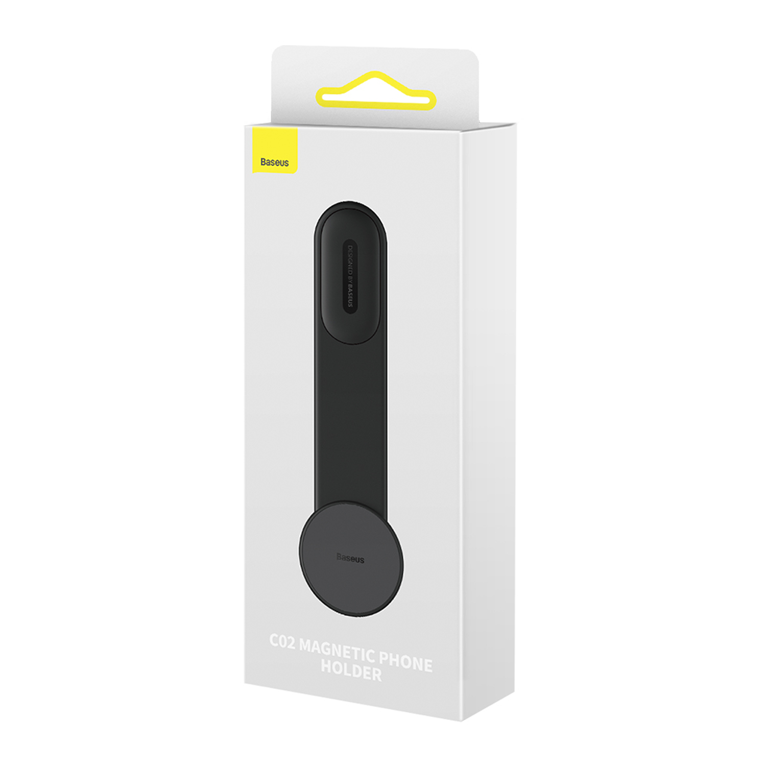 Embalaje de caja blanca para un soporte magnético negro para teléfono Baseus con logo amarillo.