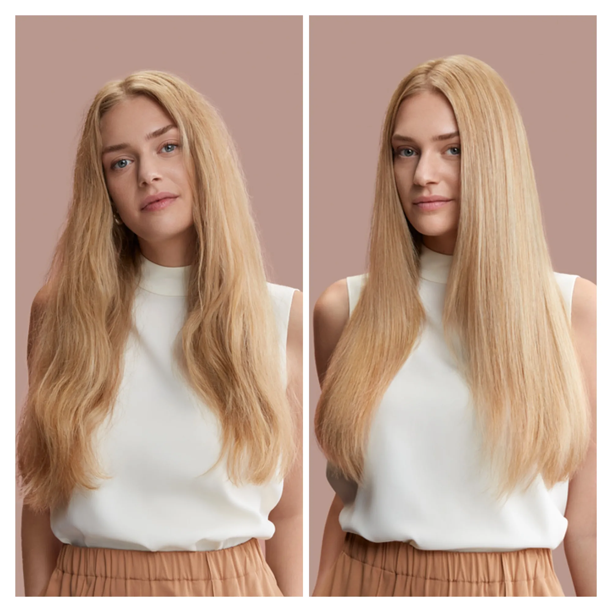 Porównanie gładkich, blond włosów z kręconymi włosami przed i po.