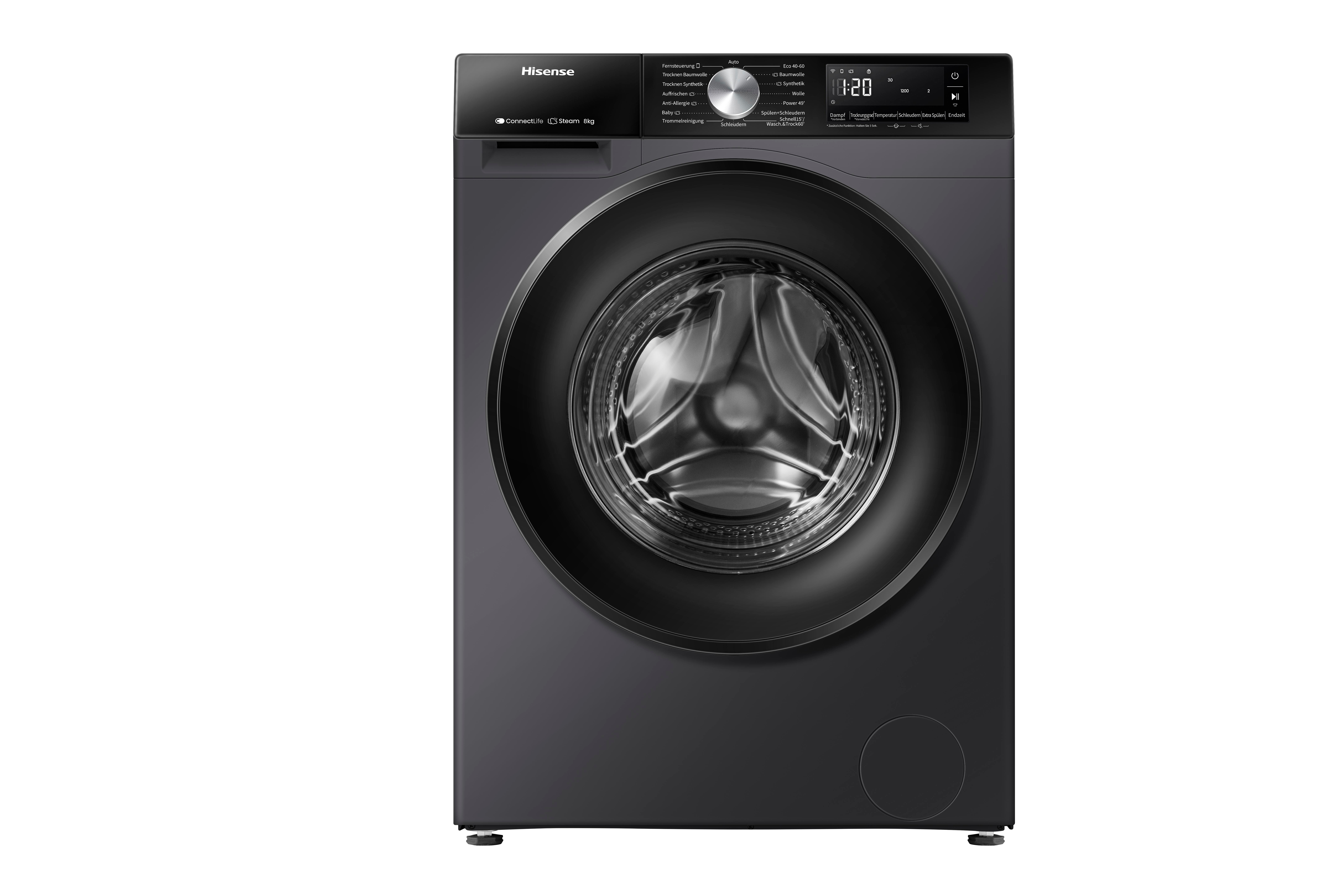 Eine schwarze Hisense Waschmaschine mit silbernem Bedienfeld und Display.