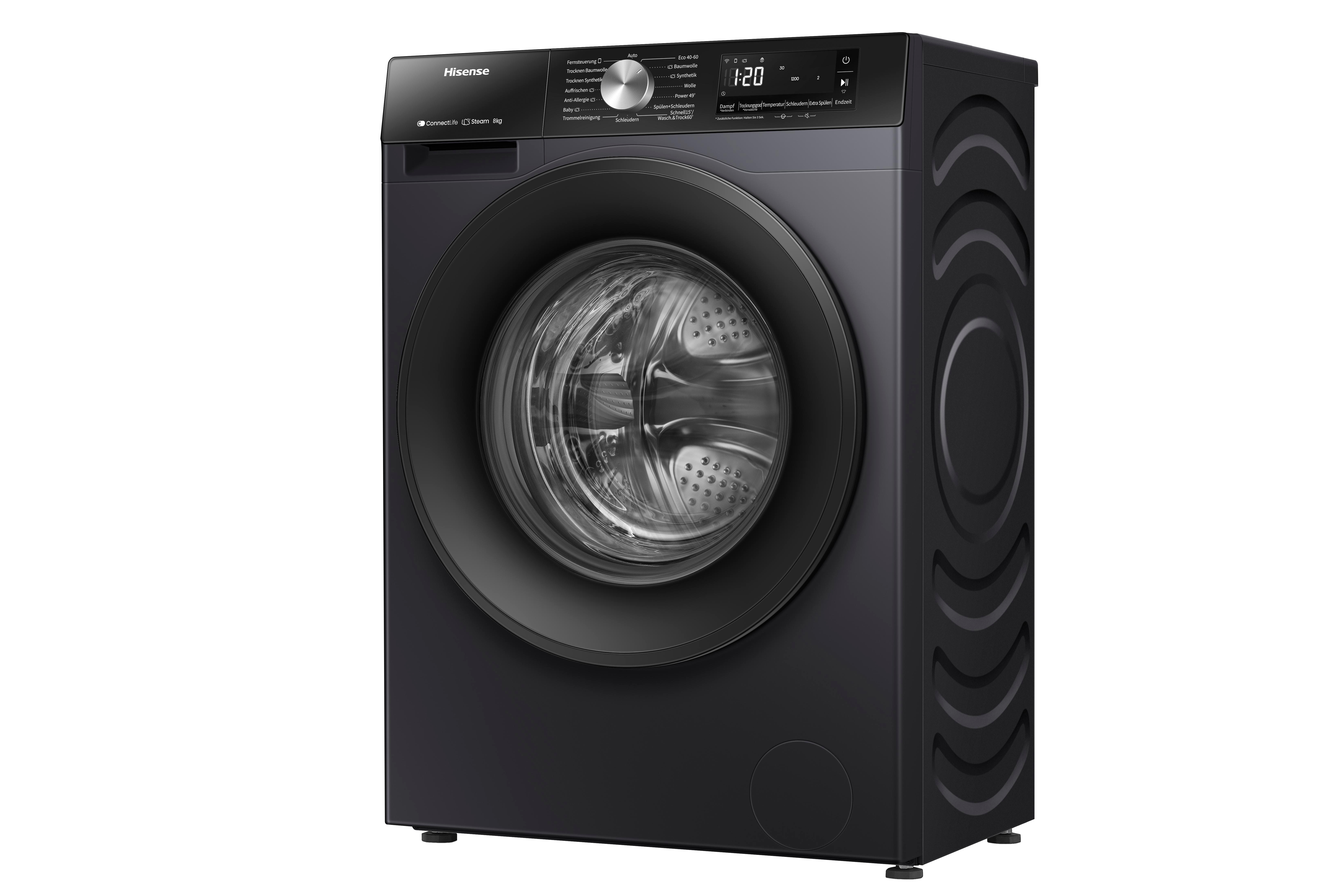 Schwarze Hisense Waschmaschine mit digitalem Display und runder Tür.