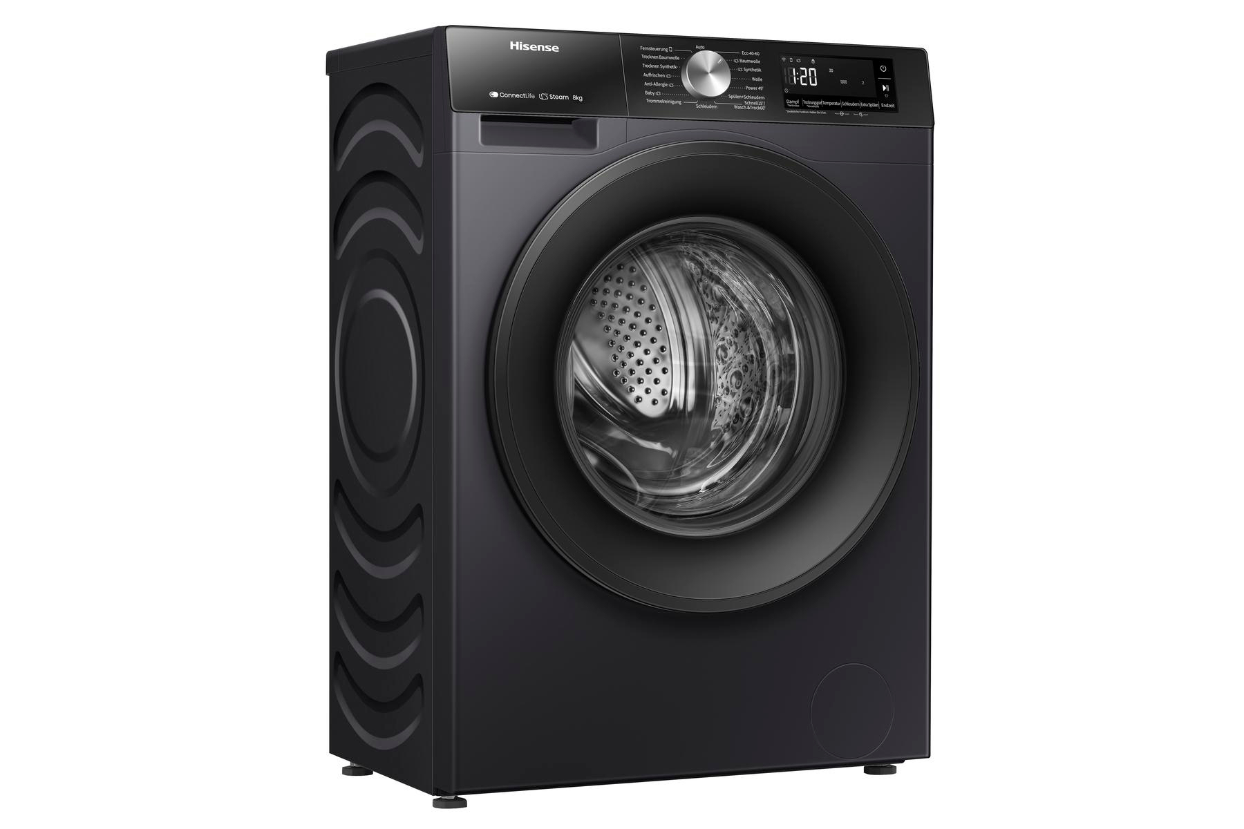 Schwarze Hisense Waschmaschine mit silberner Trommel und Bedienfeld.