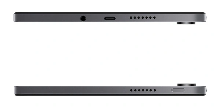 Góra: Szary tablet z gniazdem słuchawkowym, USB-C, otworami głośnikowymi i aparatem.