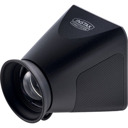Czarny wizjer Instax Hybrid System z obiektywem i teksturowanym uchwytem.