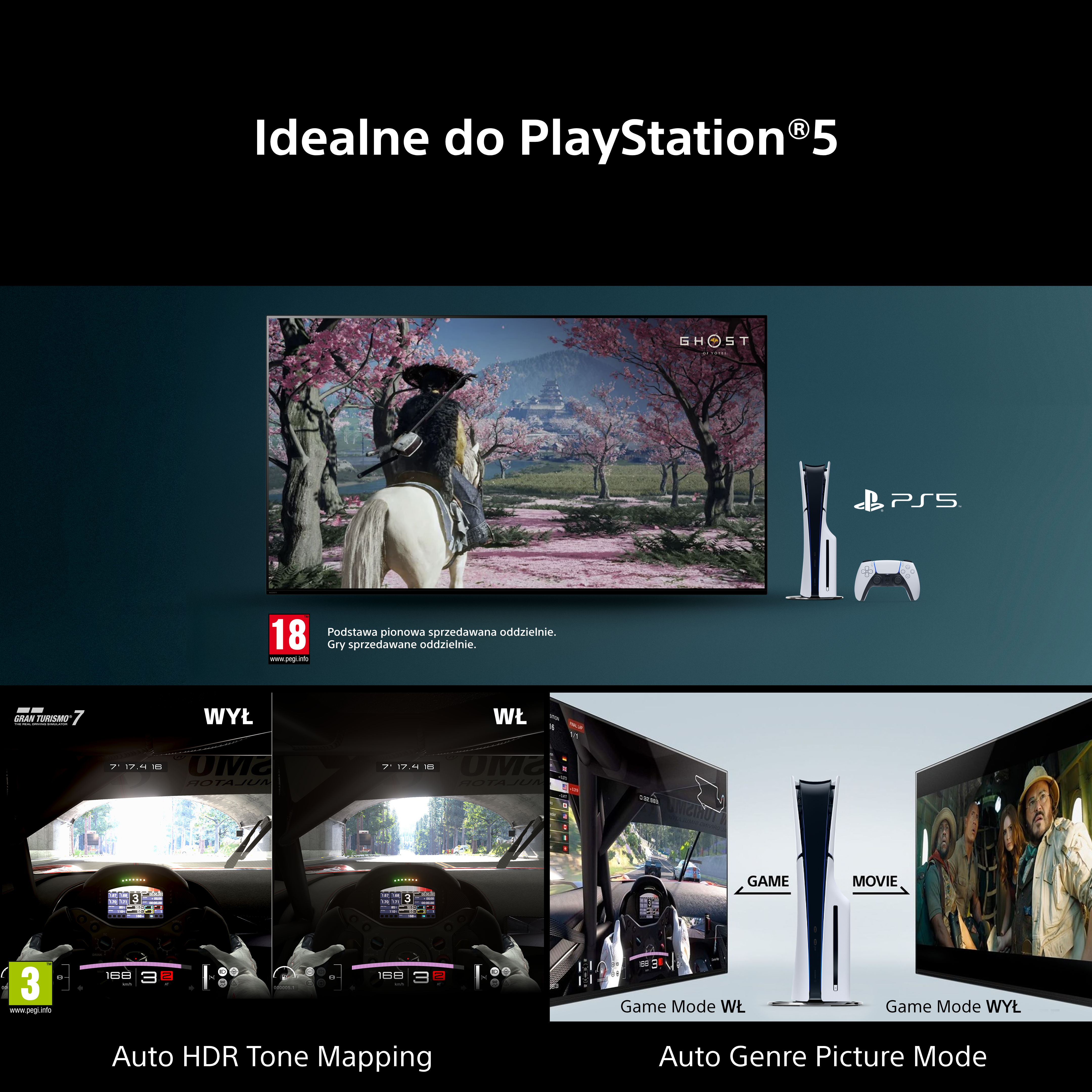 Ekrany pokazują Gran Turismo 7, Ghost of Tsushima, PS5 i kontroler. Tekst: Idealne do PS5.