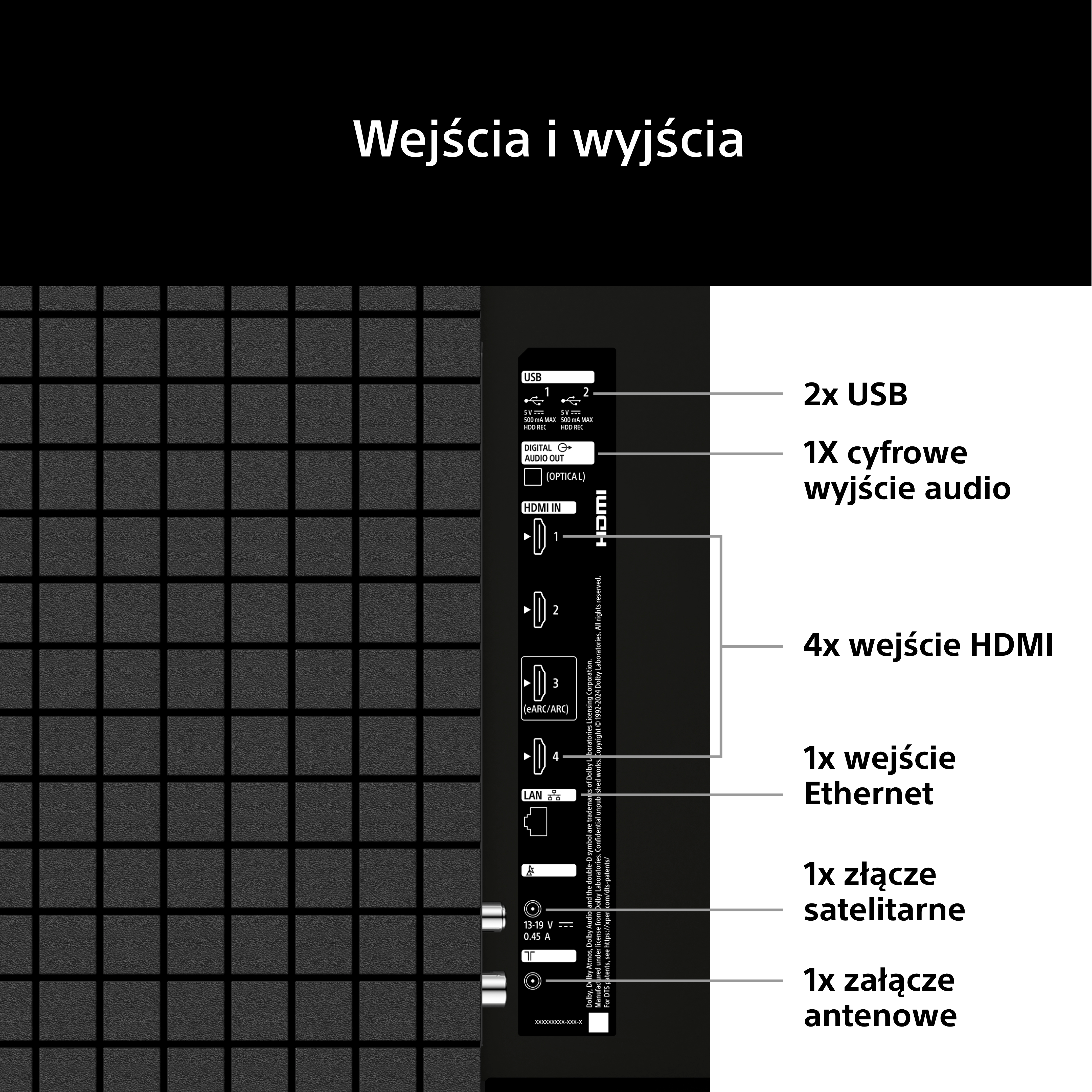 Połączenia: 2x USB, 1x Cyfrowe wyjście audio, 4x HDMI, 1x LAN, 1x Satelitarne, 1x Antenowe.