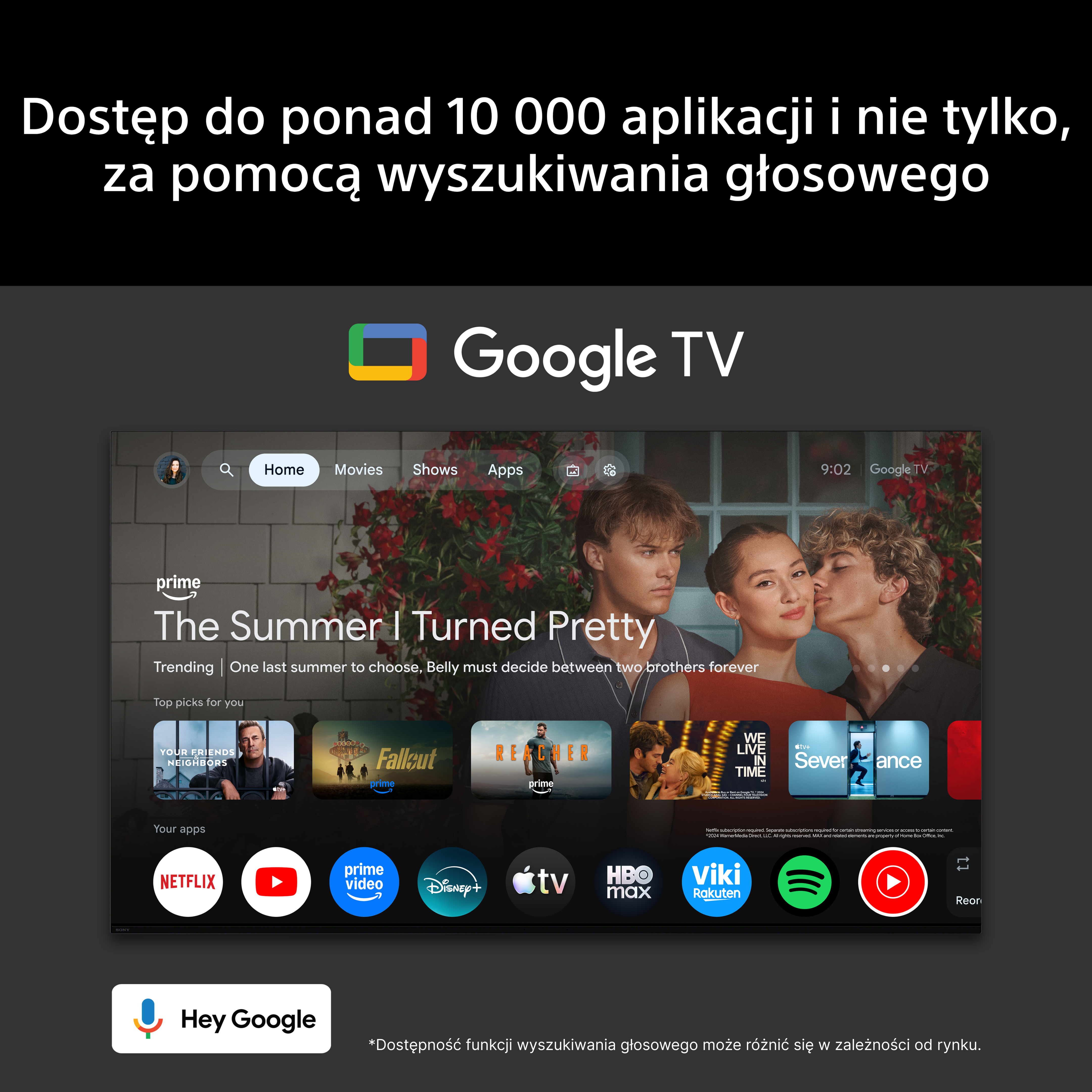 Interfejs Google TV z ikonami filmów i aplikacji. Na górze "Google TV" z kontrolą głosową.