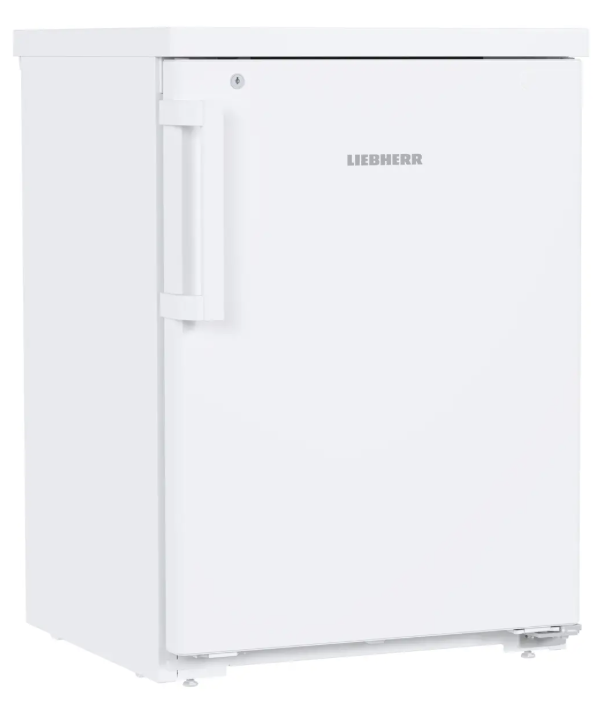 Ein weißer Liebherr-Kühlschrank mit silbernem Griff und Logo.