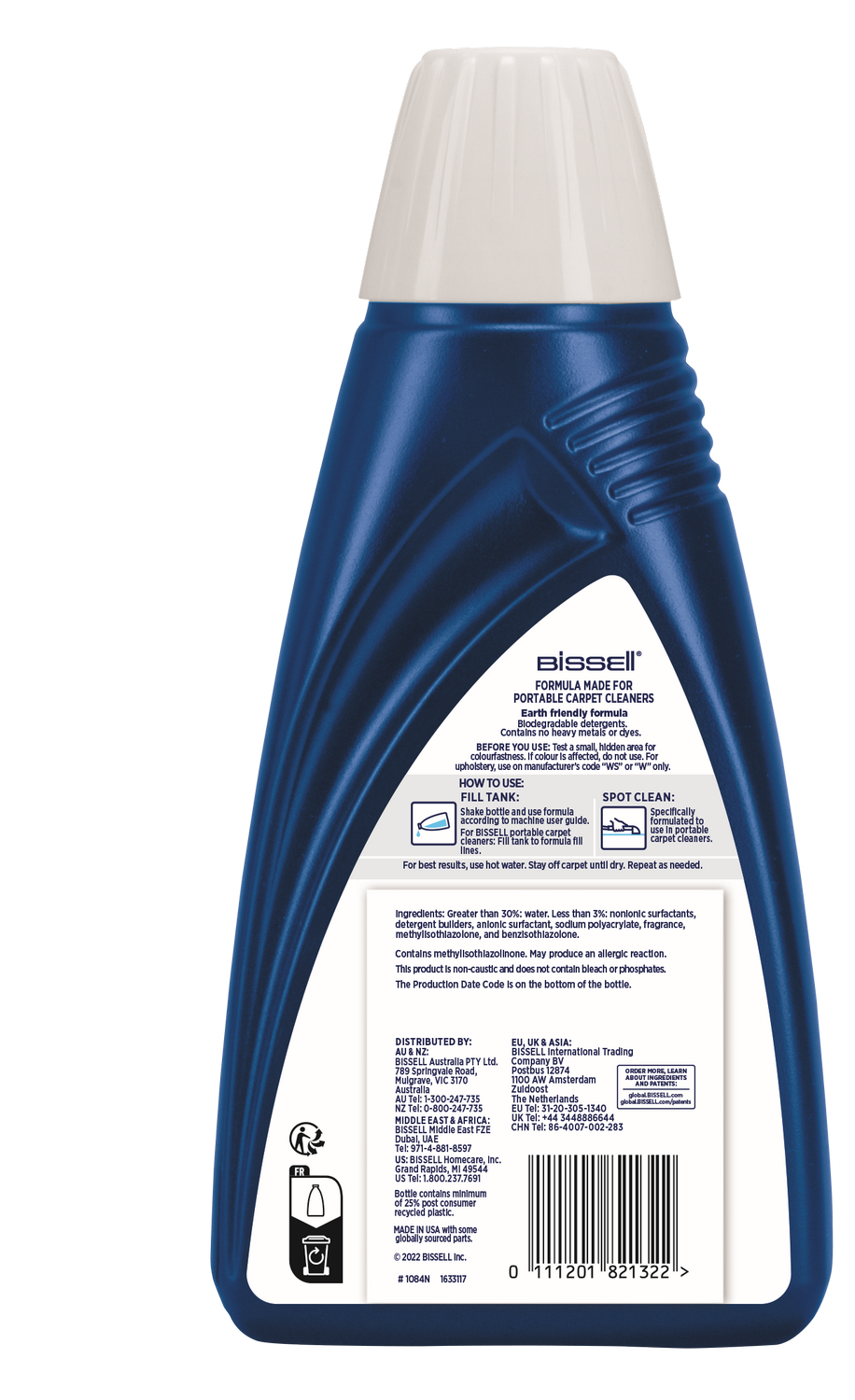 Botella azul oscuro con tapa blanca, etiqueta con instrucciones de limpieza.