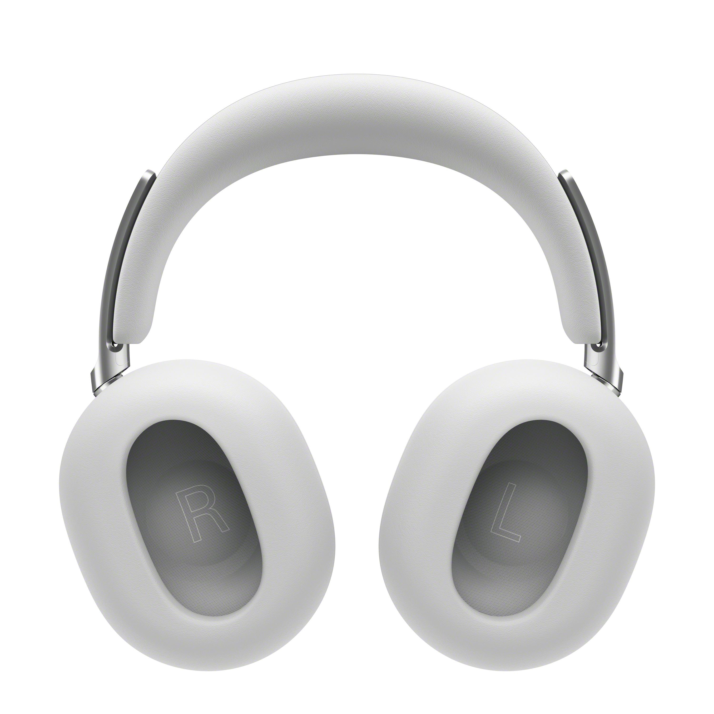 Weiße Over-Ear-Kopfhörer mit silbernen Akzenten und L/R-Markierungen.