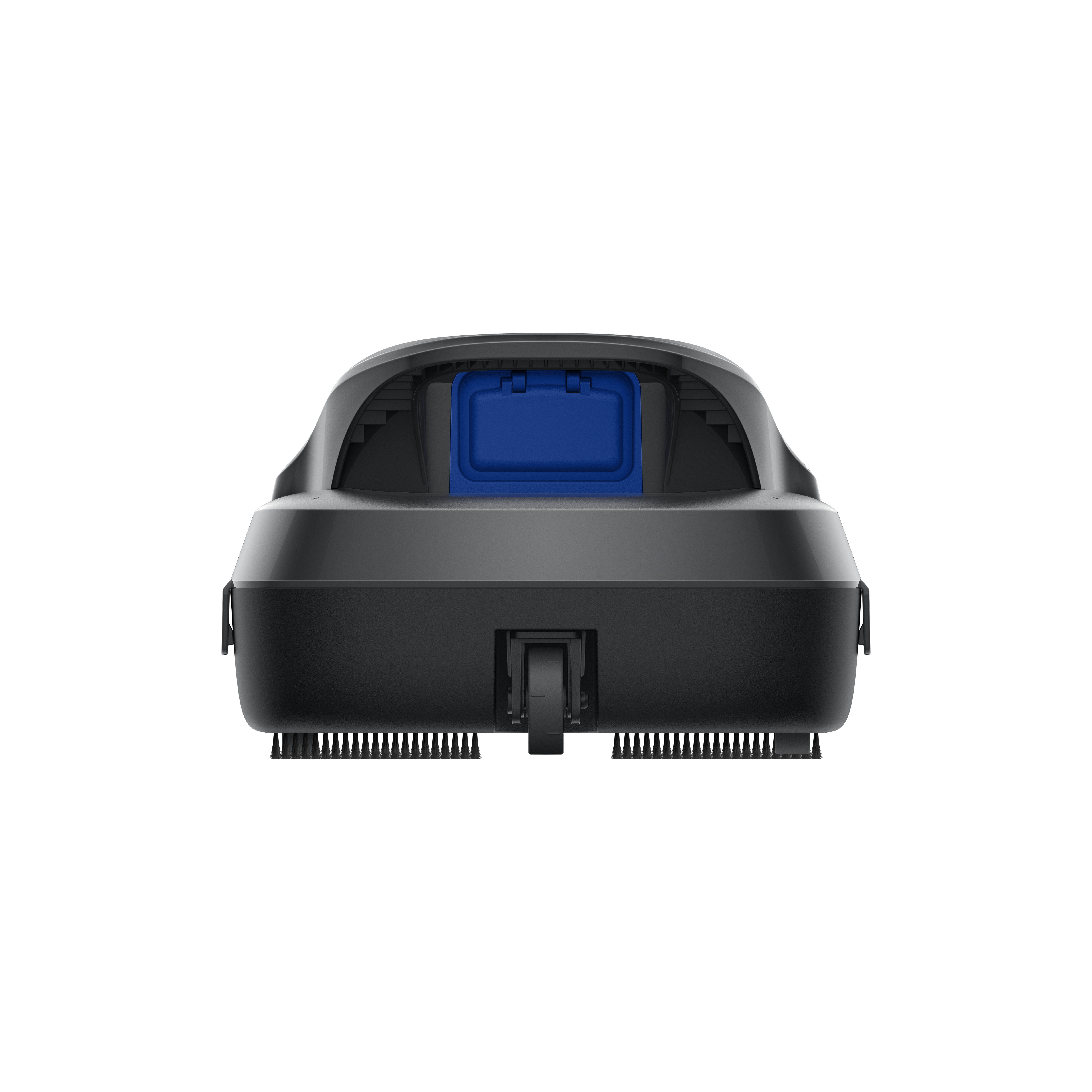 Schwarzer Roboter mit blauem Deckel und Bürsten an der Unterseite.