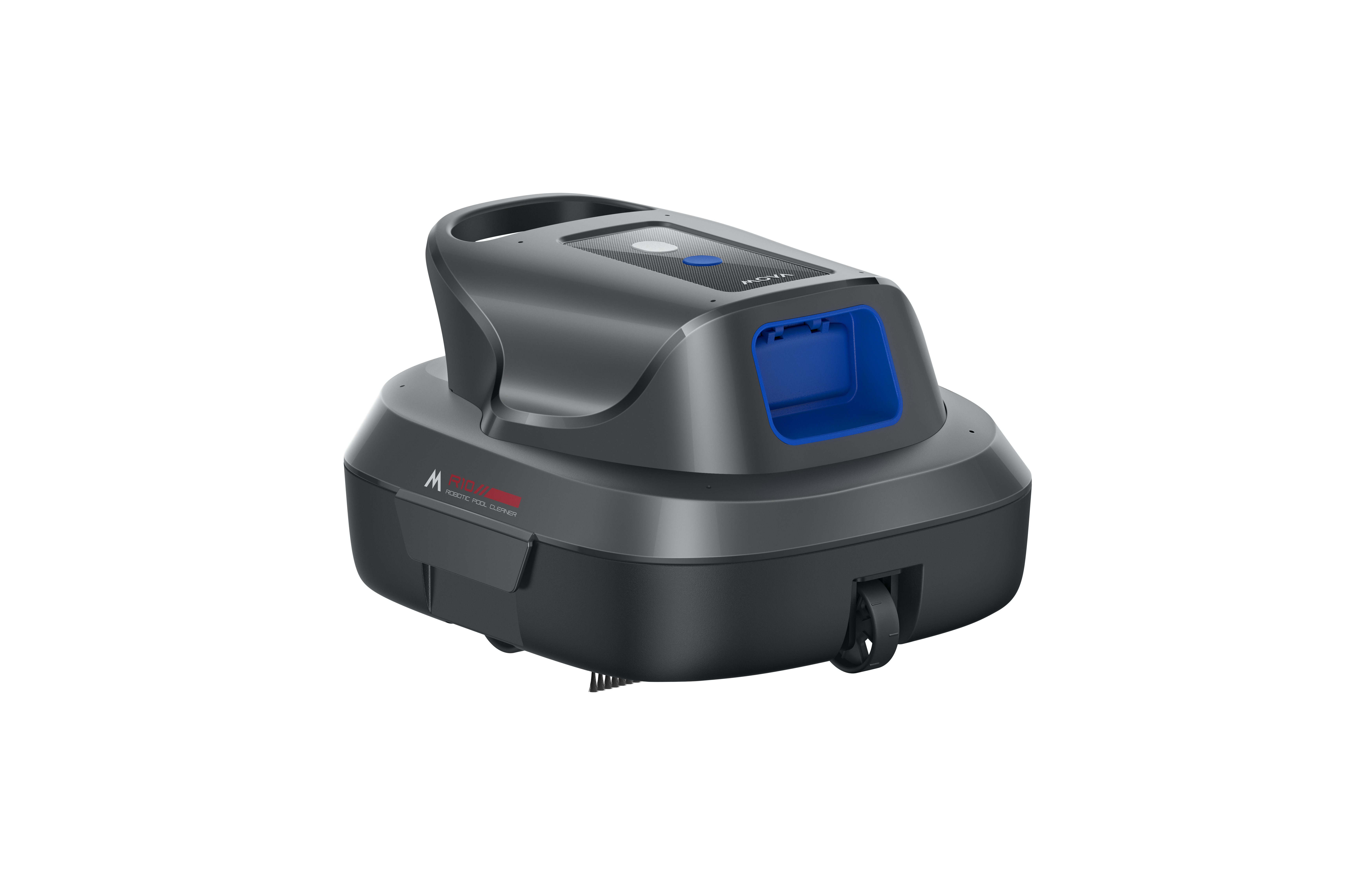 Ein grauer Roboter-Poolreiniger mit blauem Einsatz und einem Griff.