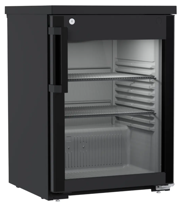 Ein schwarzer Kühlschrank mit Glastür und drei Regalen.