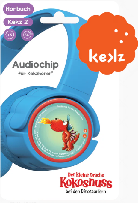 Blaue Kopfhörer mit einem kleinen roten Drachen, der Feuer speit.